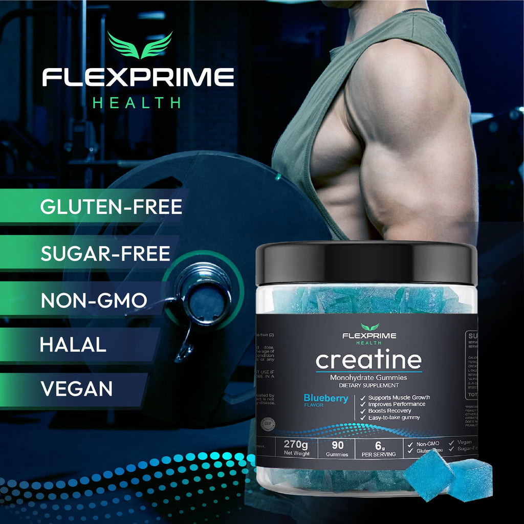FlexPrime Creatine Gummies Sugar Free - 6g Creatine Monohydrate + L-Taurine, Alpha GPC, Betaine | Vegan Halal Blueberry Chews for Lean Muscle, Strength, Brain Health | Men Women 90 Count FlexPrime Au supplements