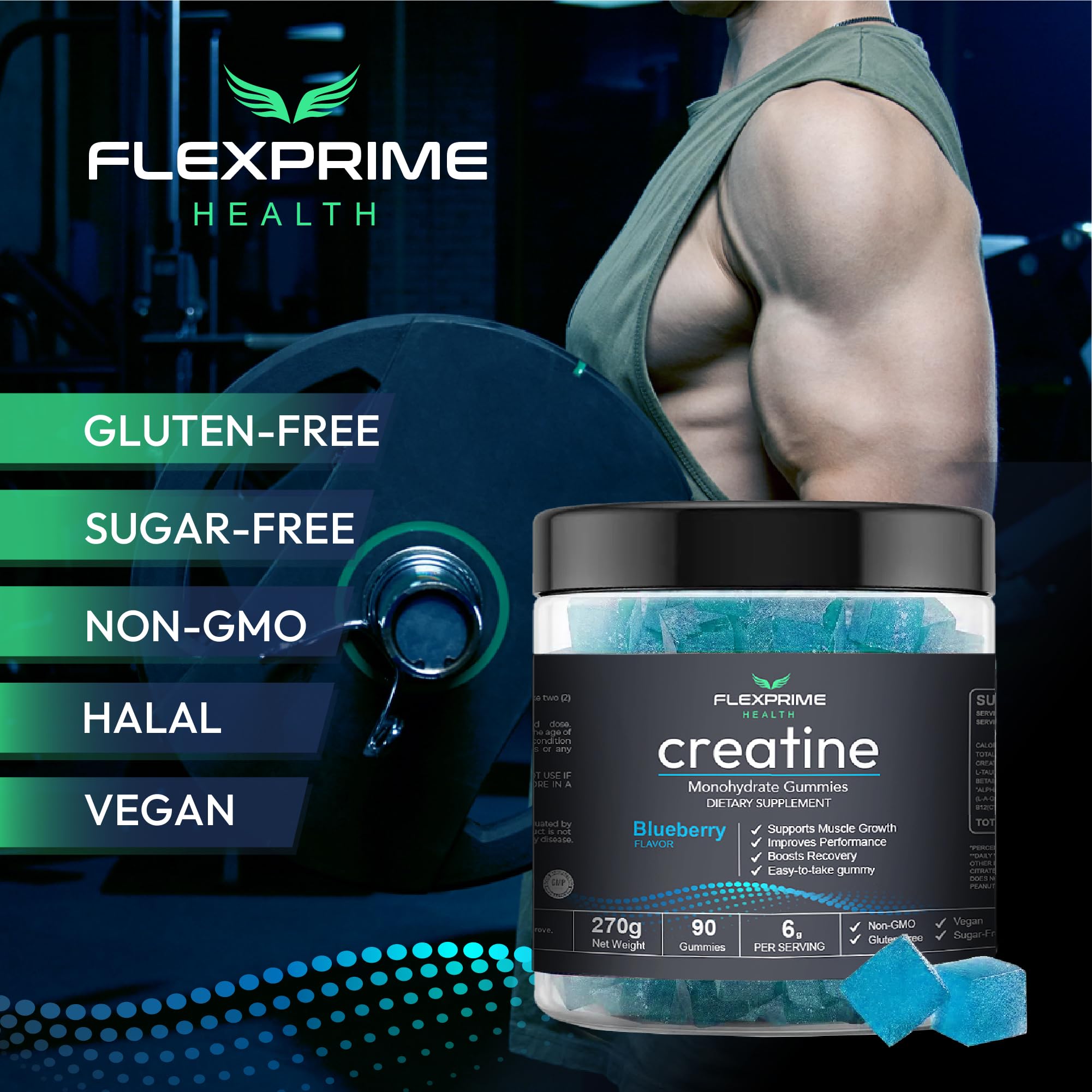 FlexPrime Creatine Gummies Sugar Free - 6g Creatine Monohydrate + L-Taurine, Alpha GPC, Betaine | Vegan Halal Blueberry Chews for Lean Muscle, Strength, Brain Health | Men Women 90 Count FlexPrime Au supplements