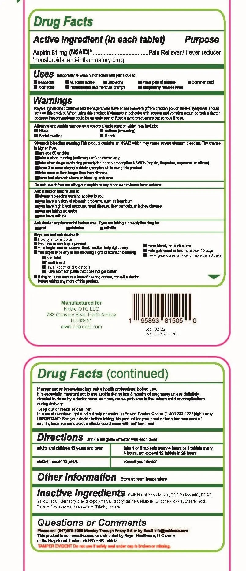 Pure Low Dose Baby Aspirin 81mg for Adults, 100 Count Enteric Coated Aspirin Tablets for Men and Women, Safe Relief for Symtoms Associated with Headache, Arthritis, Cramps NobleAid Au supplements
