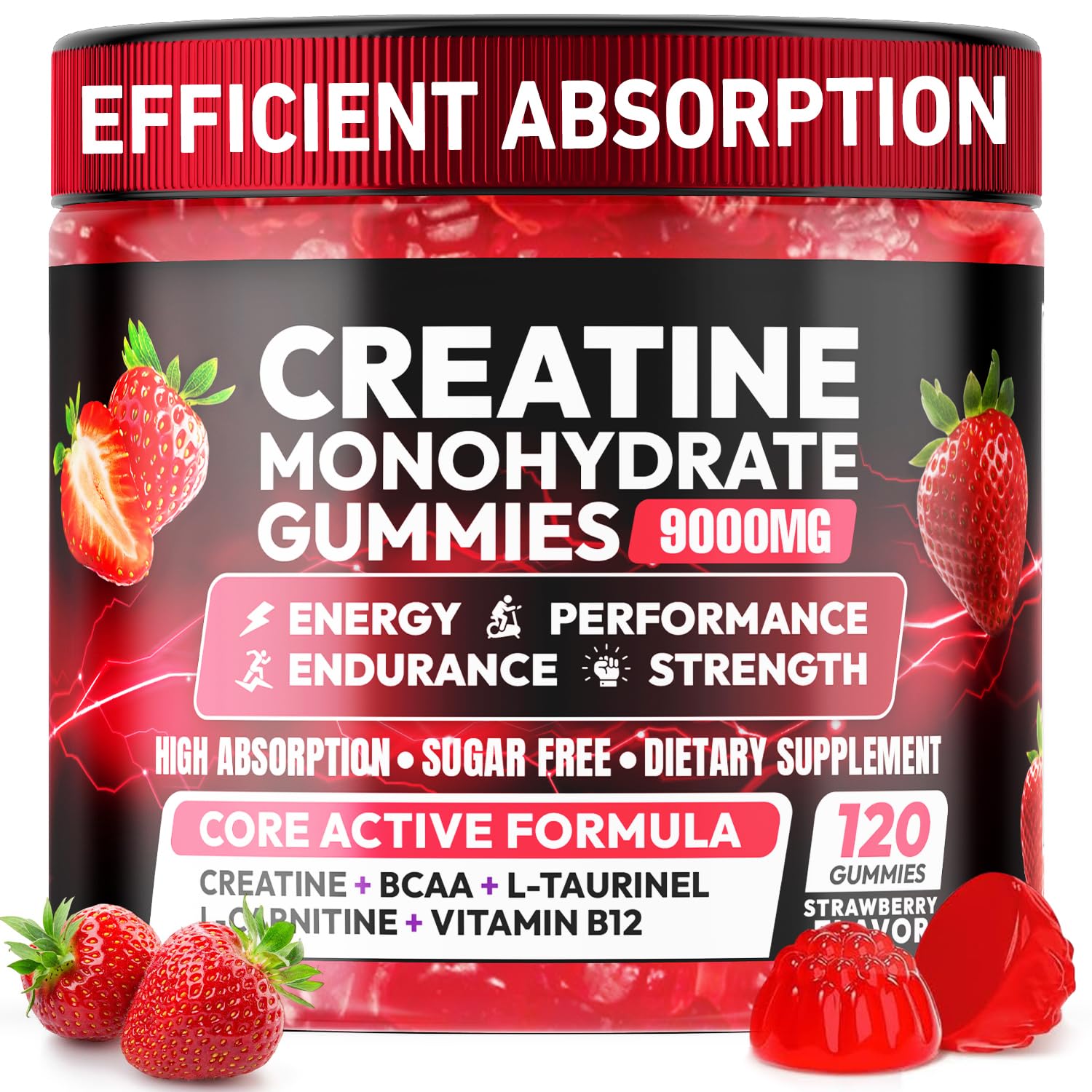 Creatine Gummies Monohydrate Complex 9000MG, Chewable Creatine Monohydrate Gummies for Men & Women with L-Taurine, BCAA 2:1, B12/6, Building Muscle