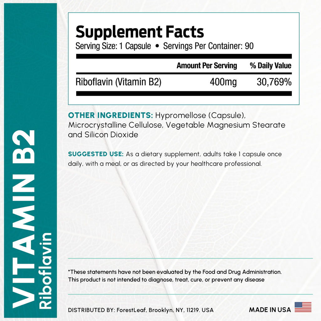 Vitamin B2 Riboflavin 400mg - Energy, Skin & Cellular Health Supplement - Nervous System Support - Vitamin B 2 Vit B - Non-GMO & Gluten Free - B2 Vitamin 400mg