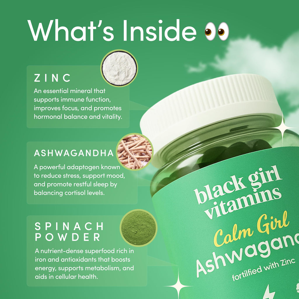 Black Girl Vitamins Calm Girl Ashwagandha + Zinc Gummies Stress Support, Promotes Relaxation & Mental Clarity, Supports Sleep & Immune Health