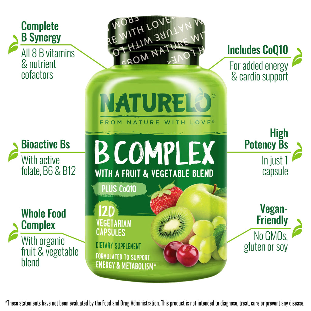 NATURELO Vitamin B Complex,120 Capsules, Vegan, CoQ10, Methyl Folate, Biotin, Fruit & Veg Blend, Supports Energy and Healthy Stress Response