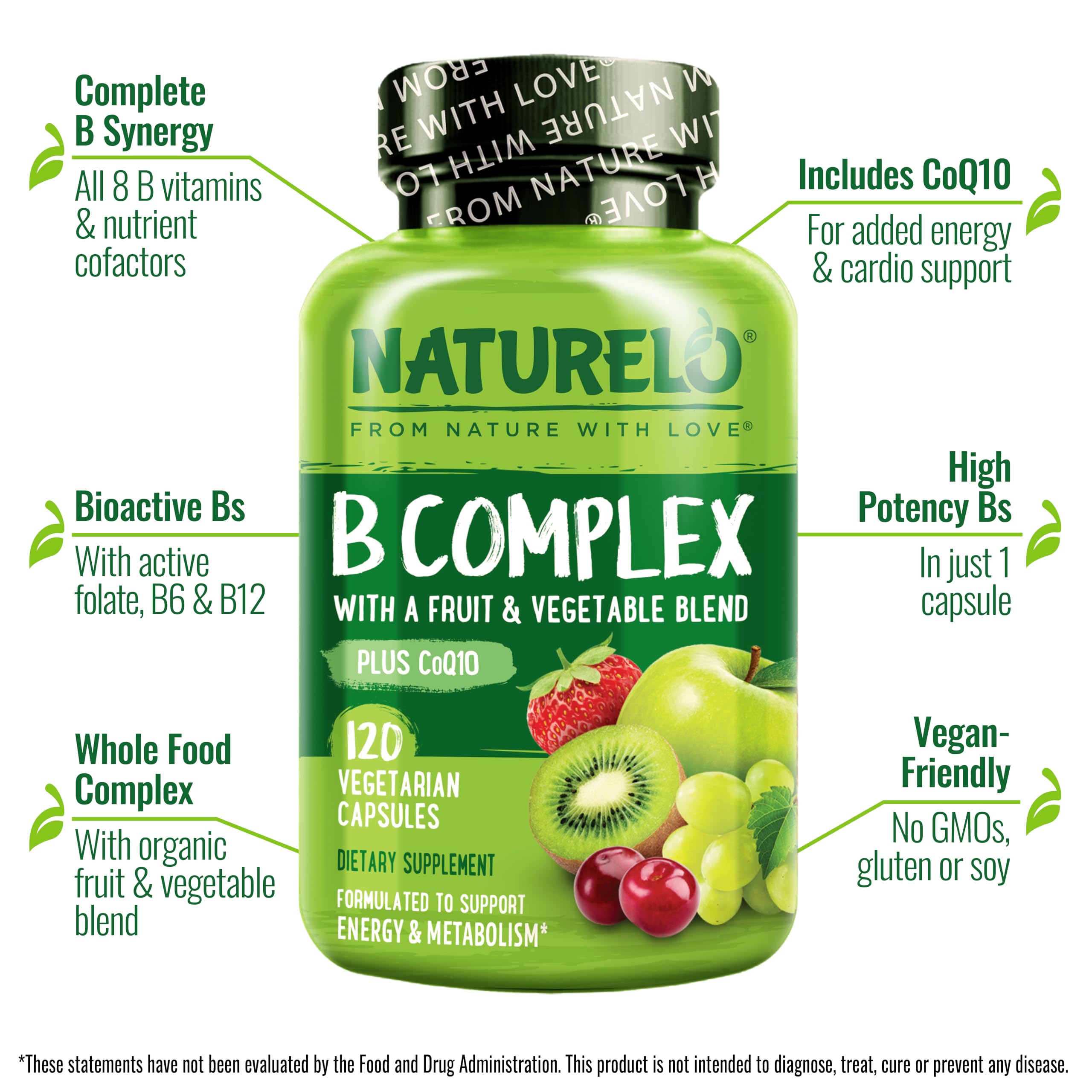 NATURELO Vitamin B Complex,120 Capsules, Vegan, CoQ10, Methyl Folate, Biotin, Fruit & Veg Blend, Supports Energy and Healthy Stress Response