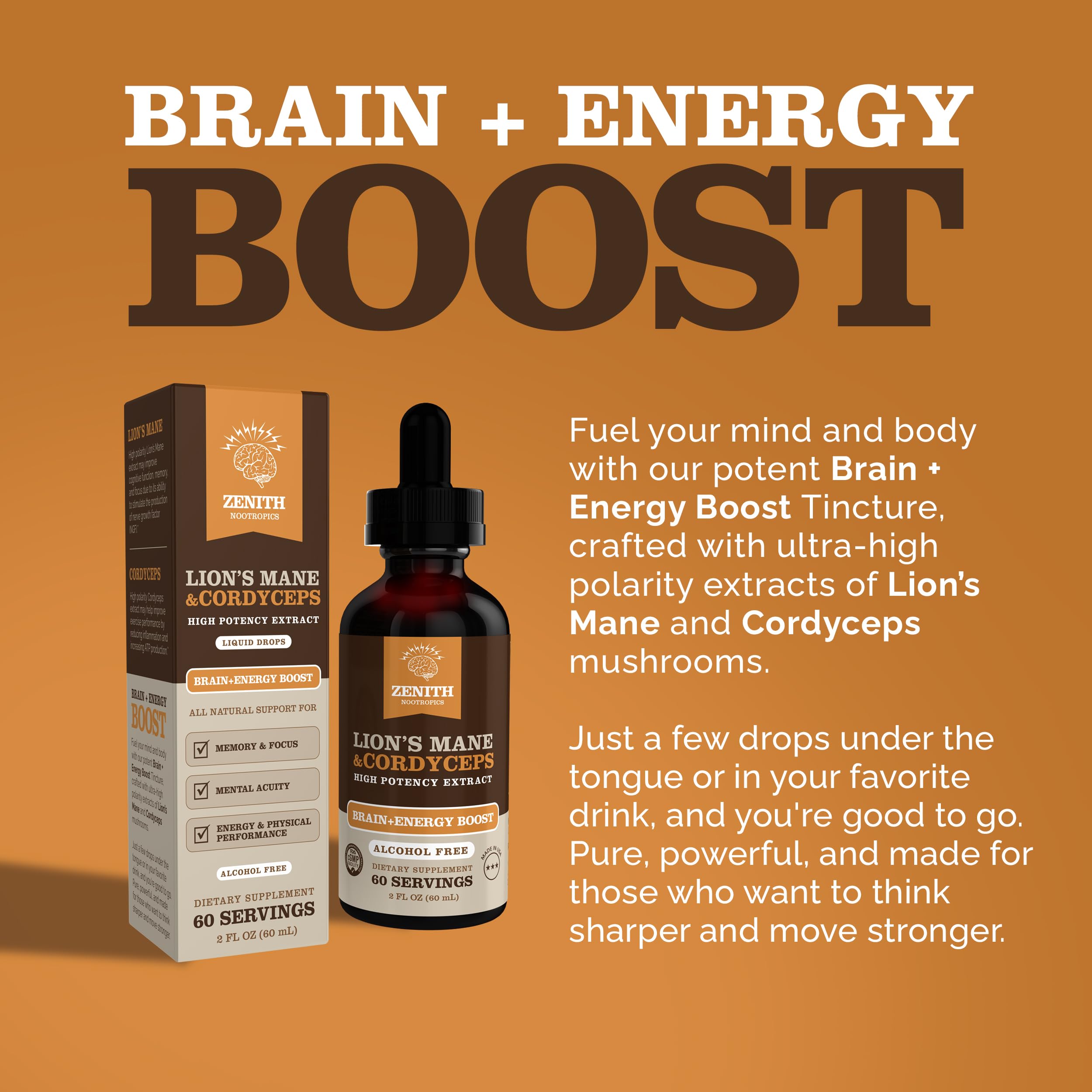 Zenith Nootropics Lion’s Mane & Cordyceps Supplement – Brain & Energy Support – Focus, Memory, Clarity, Immunity – Vegan, Alcohol-Free Tincture – Up-to 2-Month Supply, 2 fl oz Zenith Nootropics Au supplements