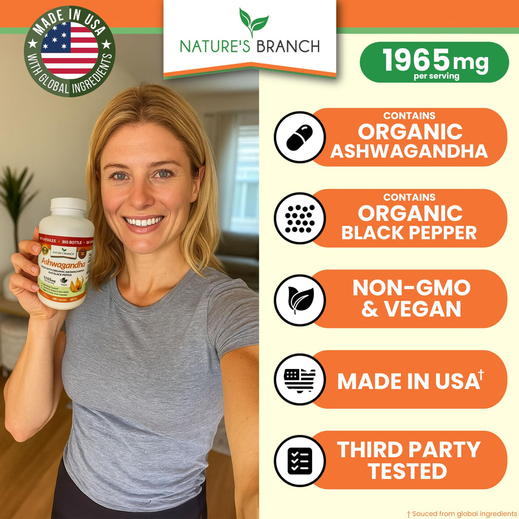 UDAF Certified Organic Ashwagandha with Black Pepper, 1965mg - Extra Strength for Stress, Sleep, Mood, Thyroid, Energy, Hair, Vegan Pure Root Extract Powder Supplement for Men and Women | 180 Capsules NATURE'S BRANCH Au supplements