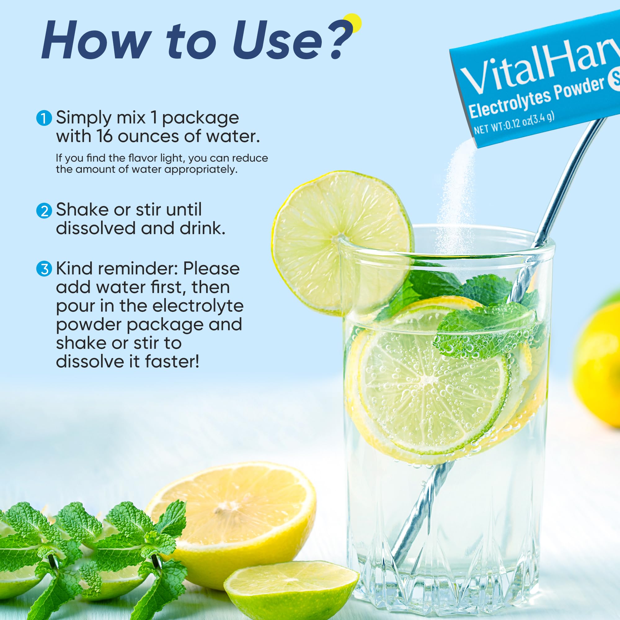 VitalHarvest 36 Sticks Electrolytes Powder Packets 6 Flavors Sugar Free Hydration Packets Electrolyte Liquid Daily IV Drink Mix with Lemon Lime, Watermelon, Orange