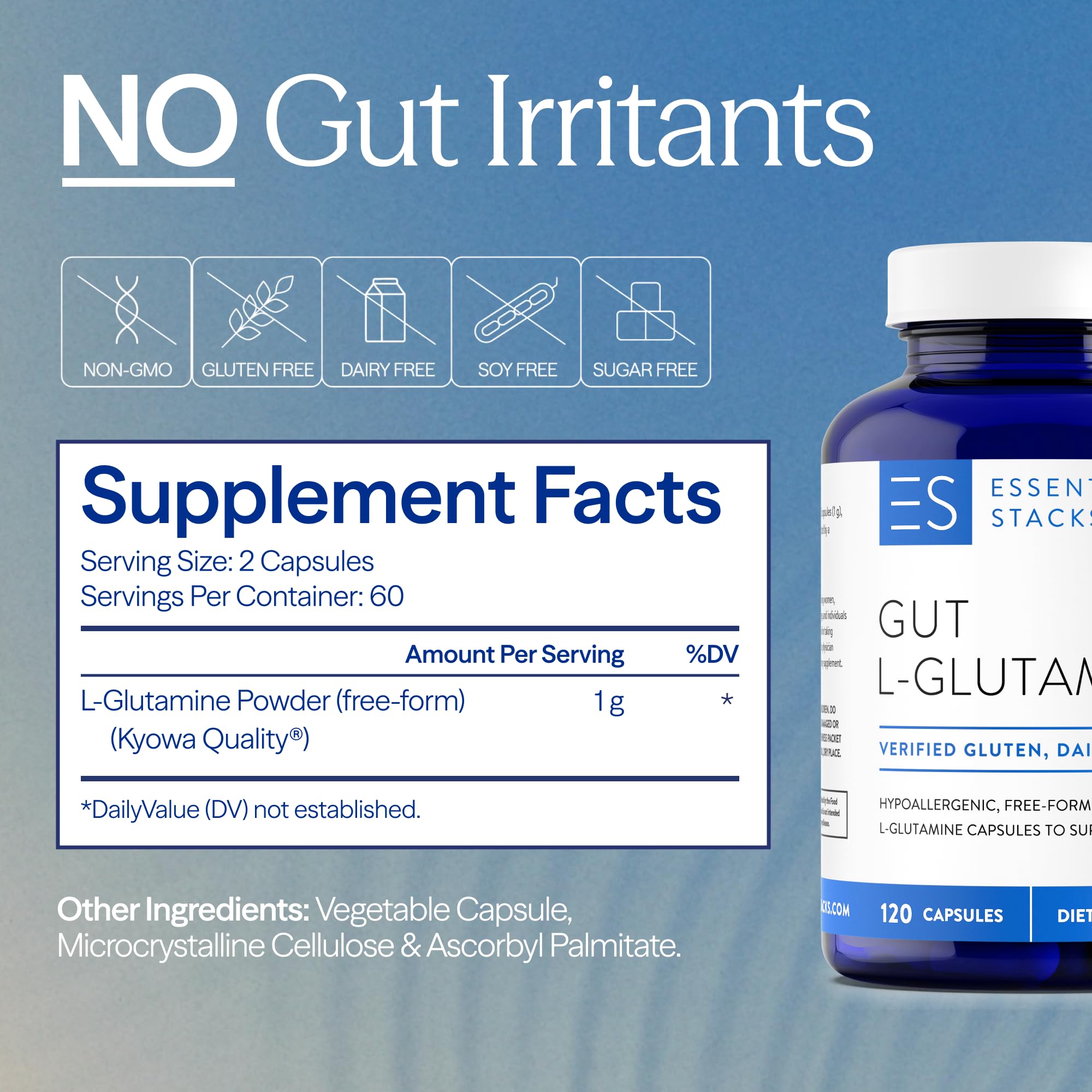 Essential Stacks Gut L-Glutamine Capsules 1000mg (Made in USA) - Gluten, Dairy & Soy Free, Non-GMO L Glutamine for Gut Health - 60 Serves (120 Caps)