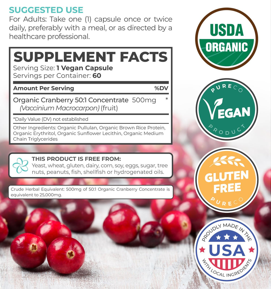 Organic Cranberry Pills - Vegan Supplement for Urinary Tract Health & Kidney Cleanse - Cranberry Pills for Women 500mg 50:1 Cranberry Concentrate Per Serving