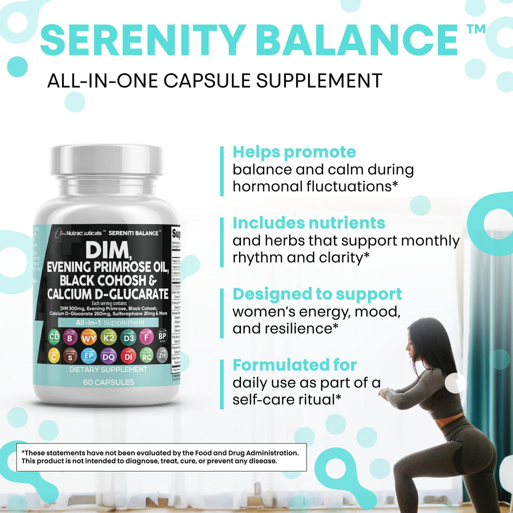 Clean Nutraceuticals DIM Evening Primrose Black Cohosh Calcium D-Glucarate Sulforaphane Flax Seed Extract - Hormonal Support Vitamins for Women with Dong Quai - 60 Caps Clean Nutraceuticals Au supplements