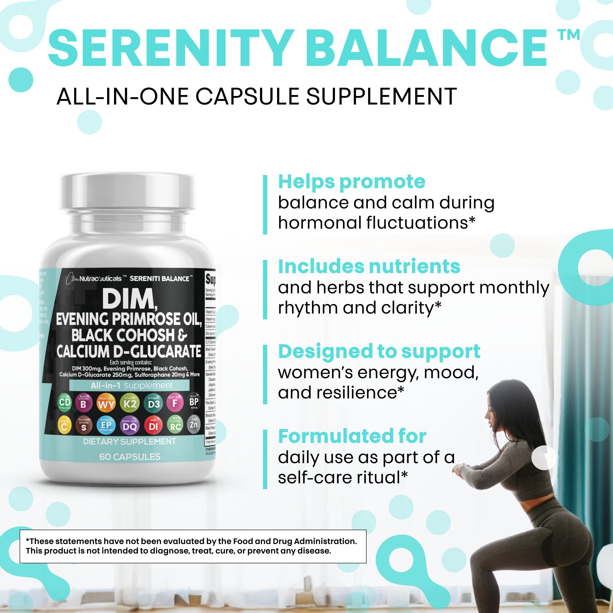 Clean Nutraceuticals DIM Evening Primrose Black Cohosh Calcium D-Glucarate Sulforaphane Flax Seed Extract - Hormonal Support Vitamins for Women with Dong Quai - 60 Caps Clean Nutraceuticals Au supplements