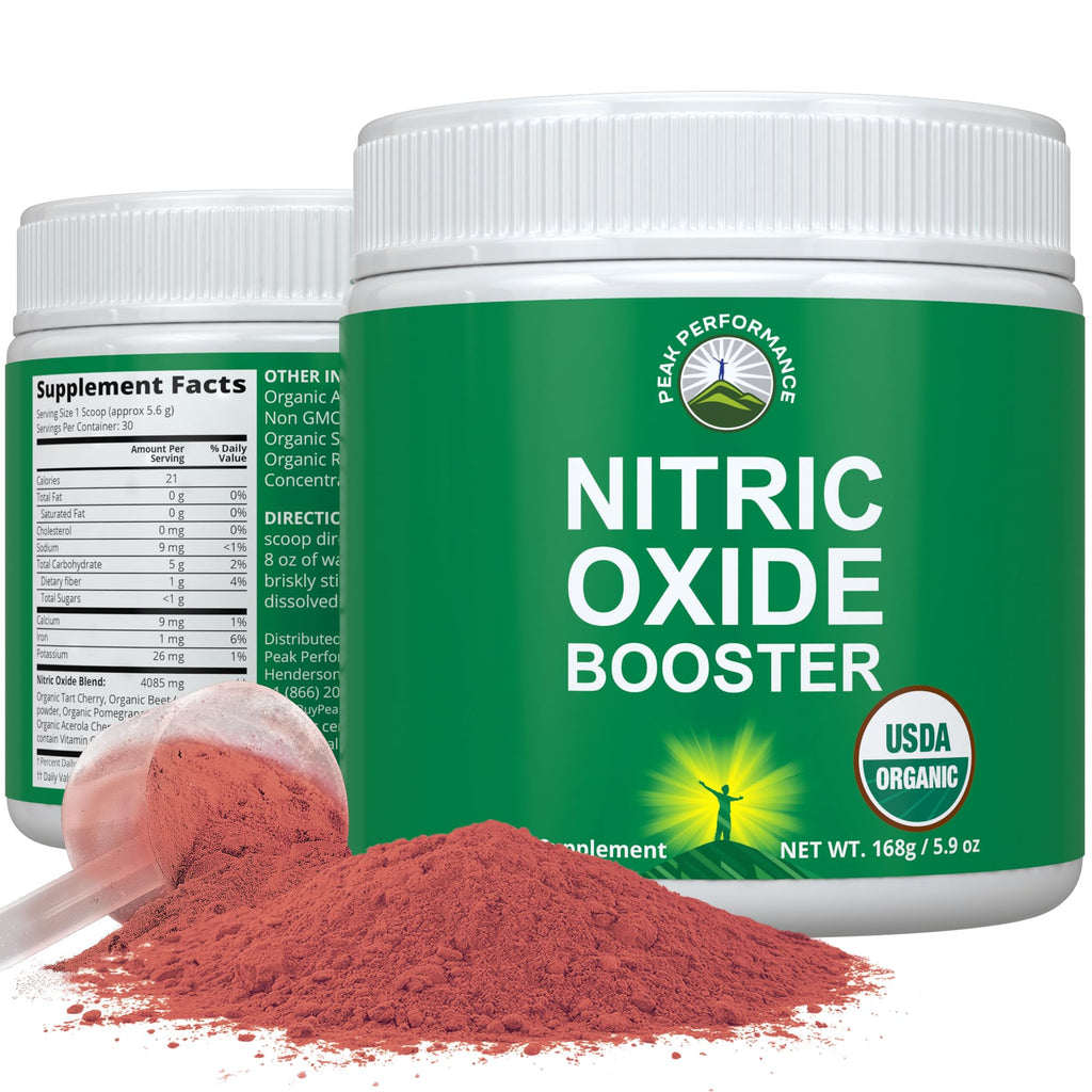USDA Organic Plant Based Nitric Oxide Booster Powder Supplement for Men & Women. Caffeine Free Supplements 5 Top Organic Ingredients. Beet Root, Tart Cherry, Acerola Cherry, Pomegranate, Red Ginseng Peak Performance Au supplements