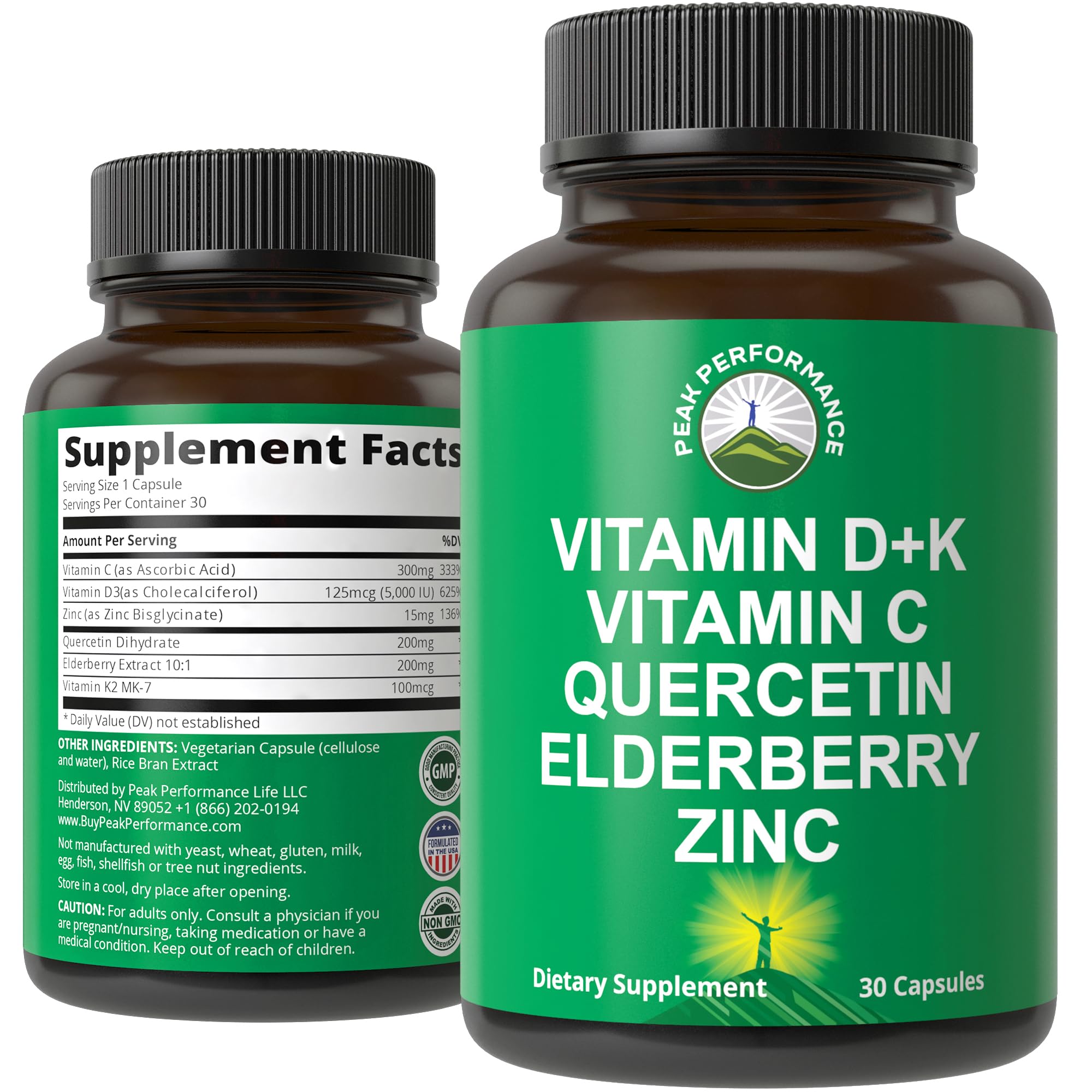 Immune Support Supplement with 6 Top Ingredients. Vitamin D3 K2 + Vitamin C + Elderberry + Zinc + Quercetin. Includes 5000 IU Vitamin D. Immunity Capsules. Supplements for Women and Men Peak Performance Au supplements