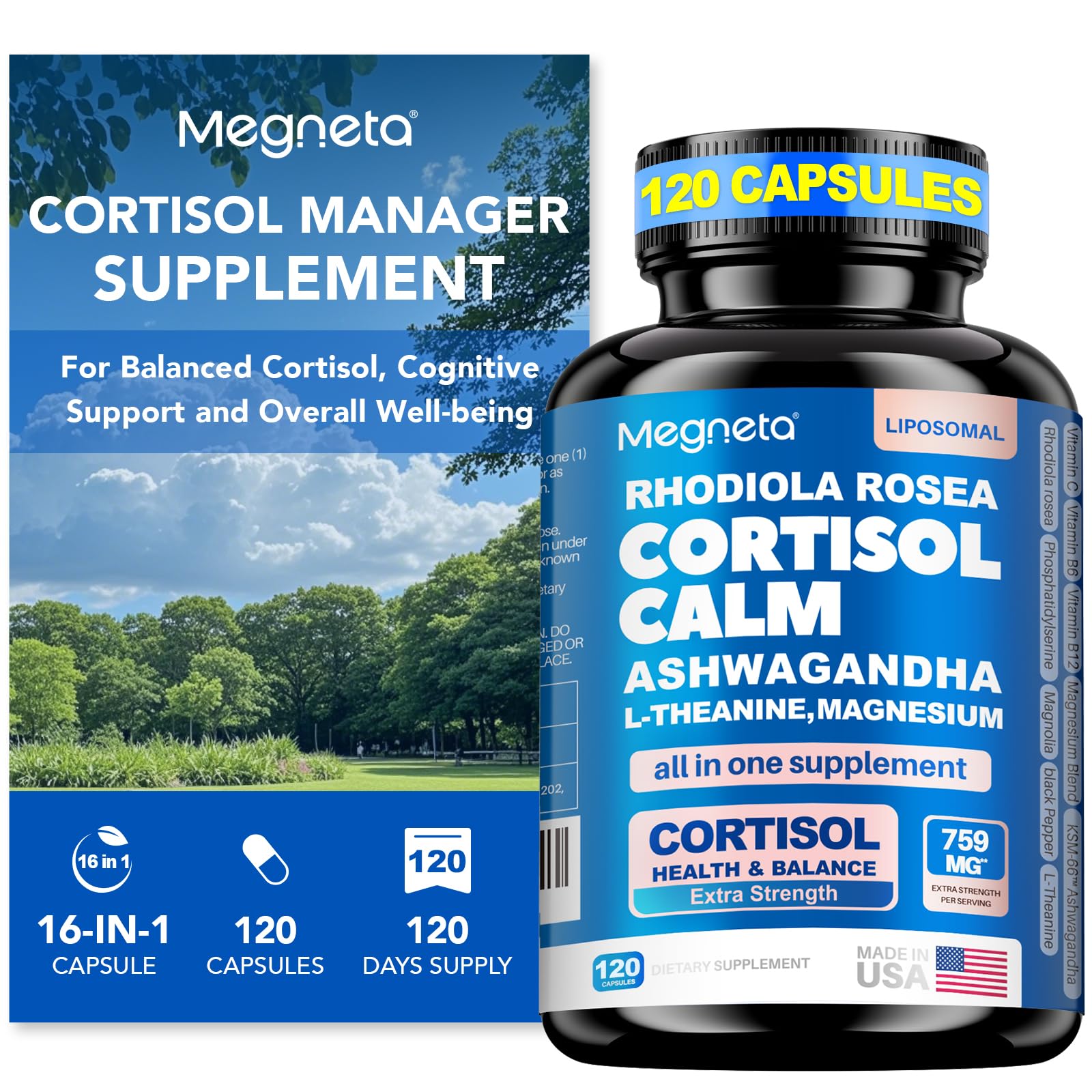 Cortisol Balance & Sleep Support for Women & Men – Natural Calm Formula with Magnesium, Ashwagandha & L-Theanine – Supports Restful Sleep, Relaxation, Focus & Healthy Cortisol Levels – 120 Capsules MEGNETA Au supplements