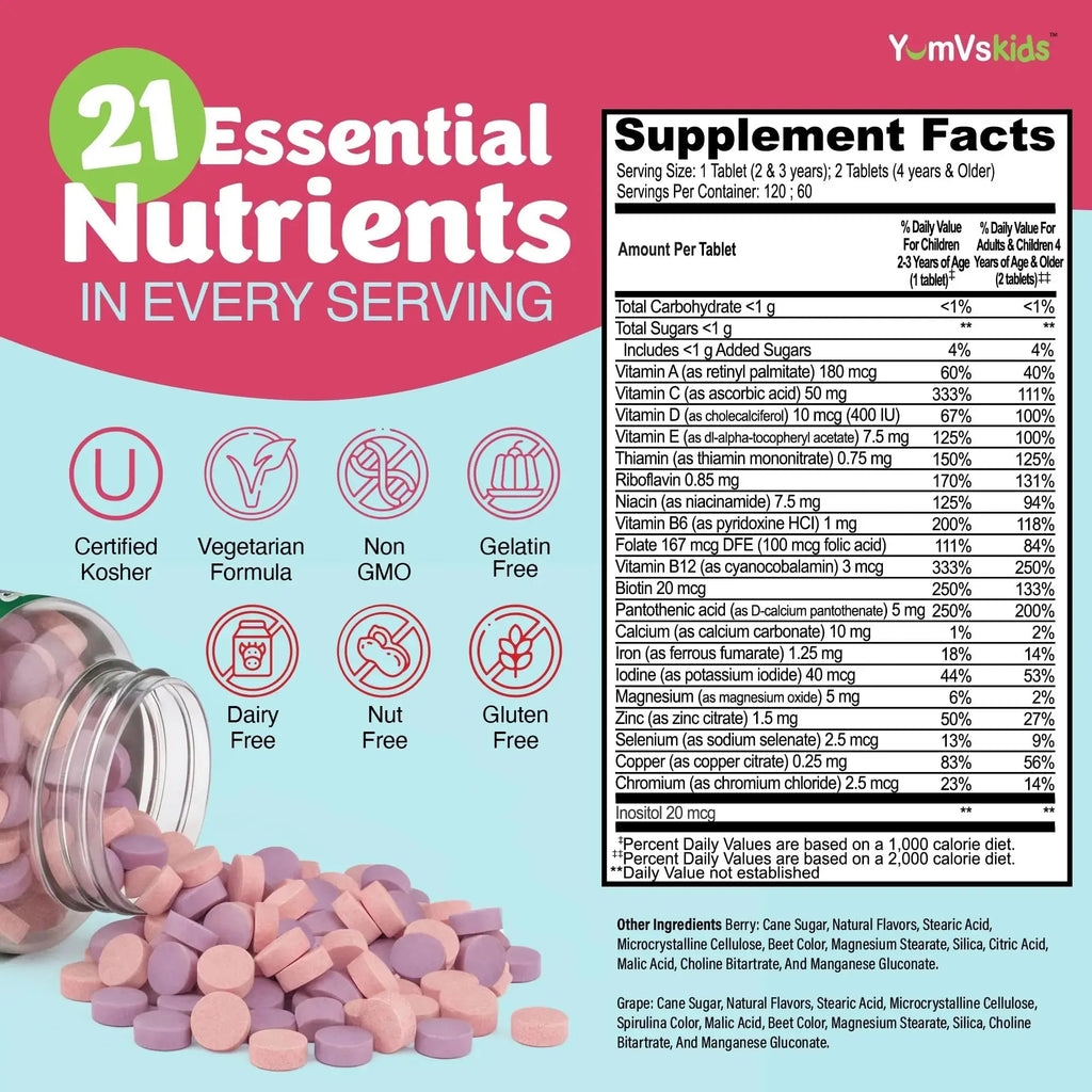 YumVs Kids Multivitamin with Iron & Minerals Chewable Tablets – Grape & Berry Flavor Vitamins for Toddlers & Children Age 2+ – Daily Multivitamin YUM-V'S Au supplements