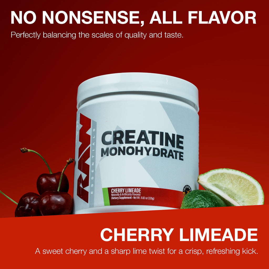 RAW Nutrition Creatine Monohydrate Powder, Cherry Limeade (30 Servings) - Micronized Creatine Monohydrate Supplement for Workout Performance, Build Muscle & Strength