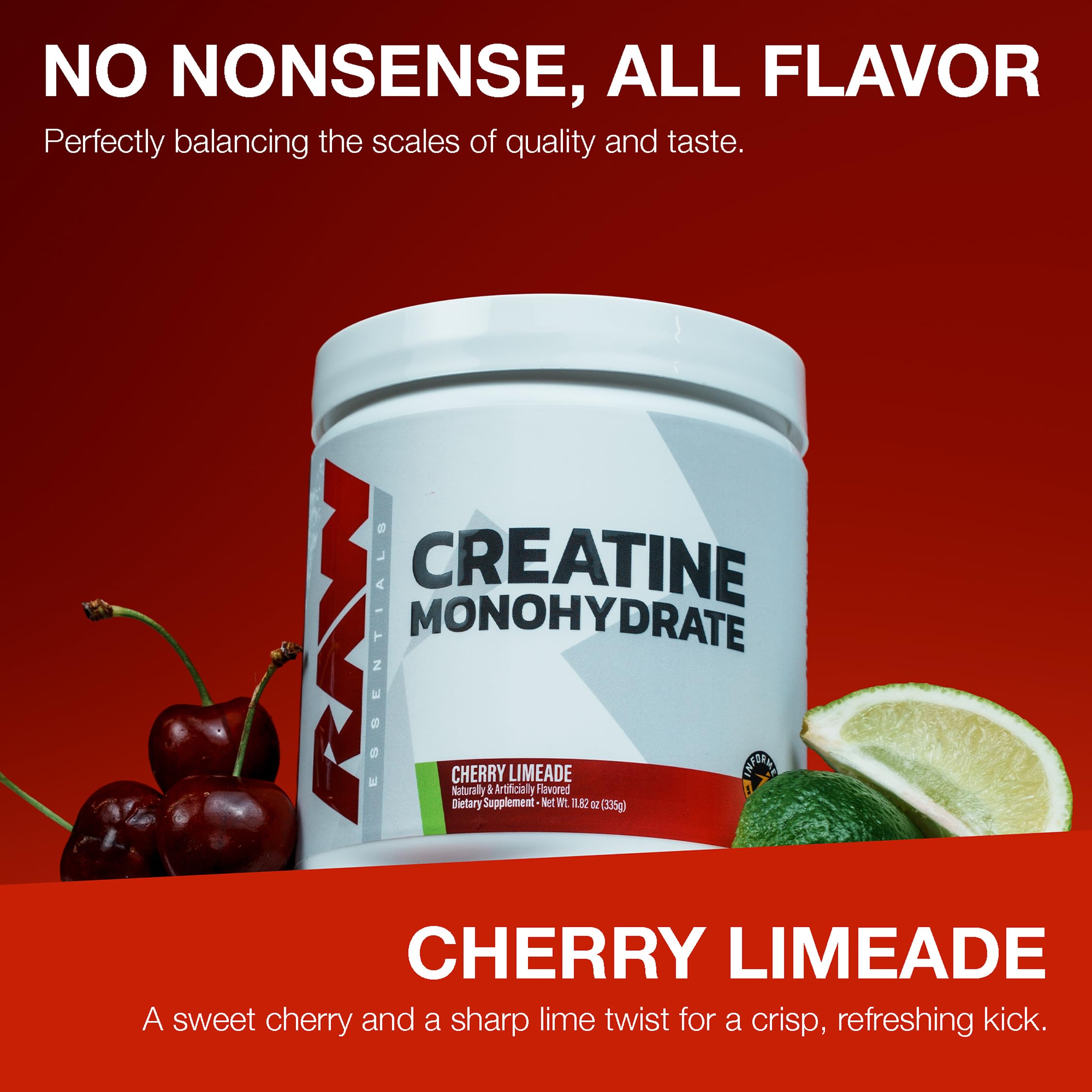RAW Nutrition Creatine Monohydrate Powder, Cherry Limeade (30 Servings) - Micronized Creatine Monohydrate Supplement for Workout Performance, Build Muscle & Strength