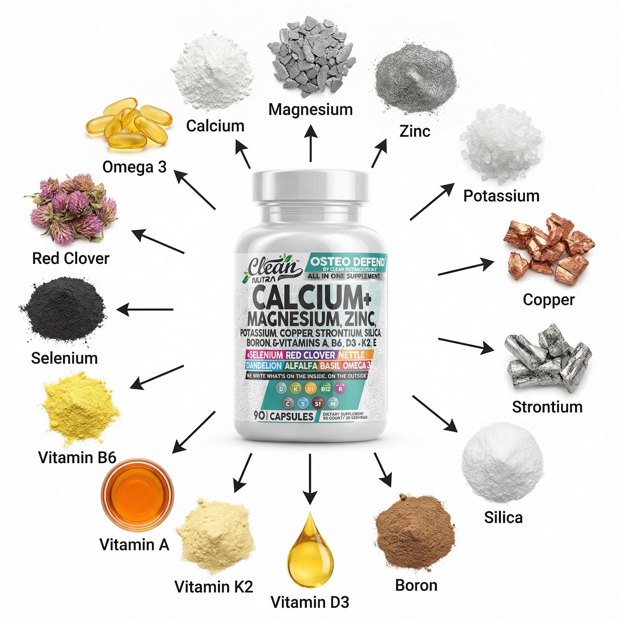 Allin1 Calcium Magnesium Zinc Supplement with Potassium, Copper, Strontium, Silica, Vitamin D3 K2, Boron, Vitamin B1 B12 Red Clover Herb Alfalfa Basil Pills for Men