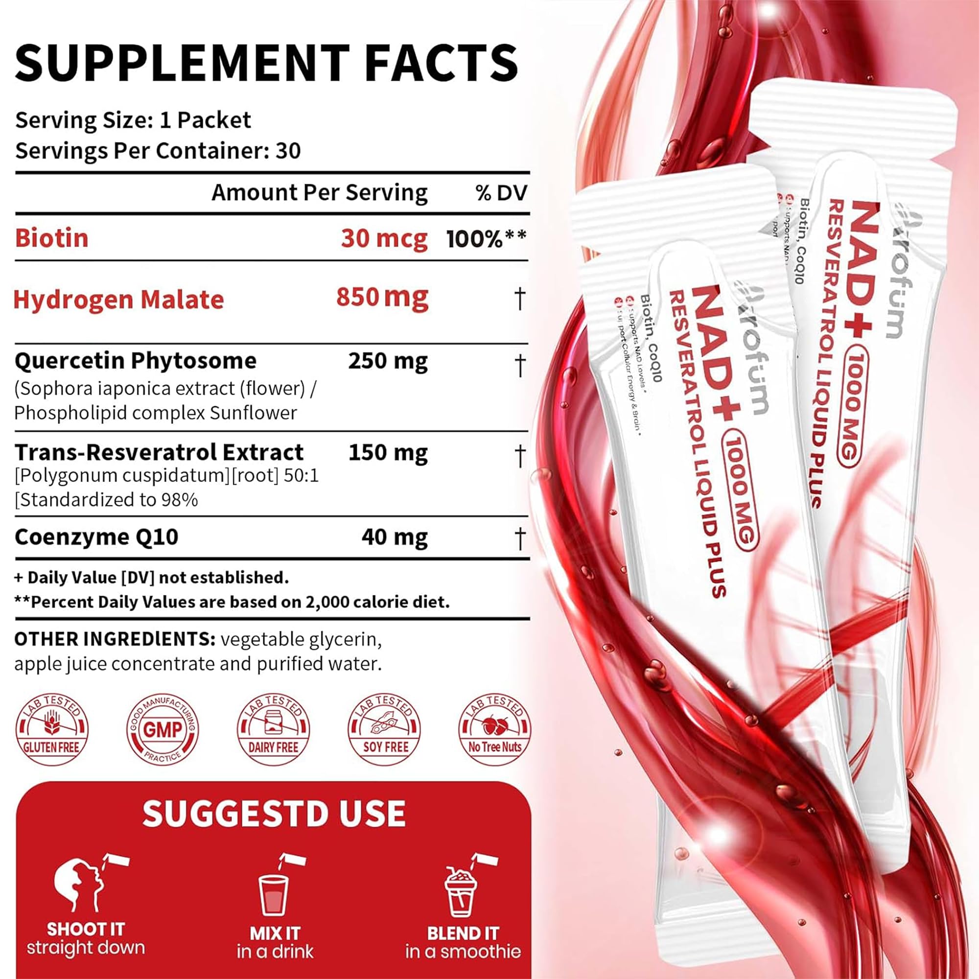 Arofum NAD+ Liquid Supplement 1000mg | 850mg Nicotinamide Riboside with Resveratrol, Quercetin, CoQ10 & Biotin | Cellular Energy, DNA Repair, Healthy Aging | NAD Supplements for Women & Men 30 Packets Arofum Au supplements