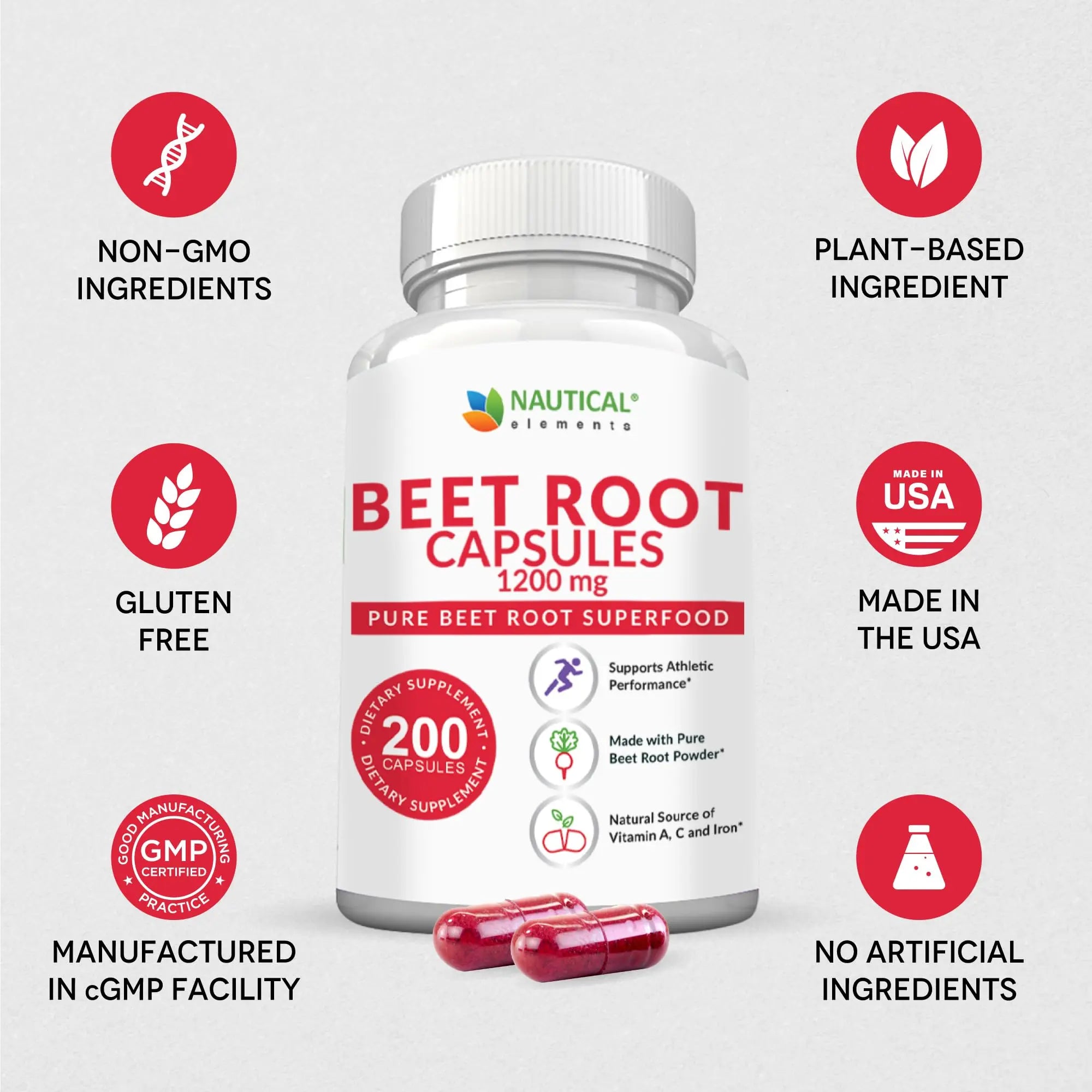 Beet Root Capsules - 1200mg Per Serving - 200 Beet Root Powder Capsules - Beetroot Powder Supports Blood Pressure, Athletic Performance, Digestive Nautical Elements Au supplements