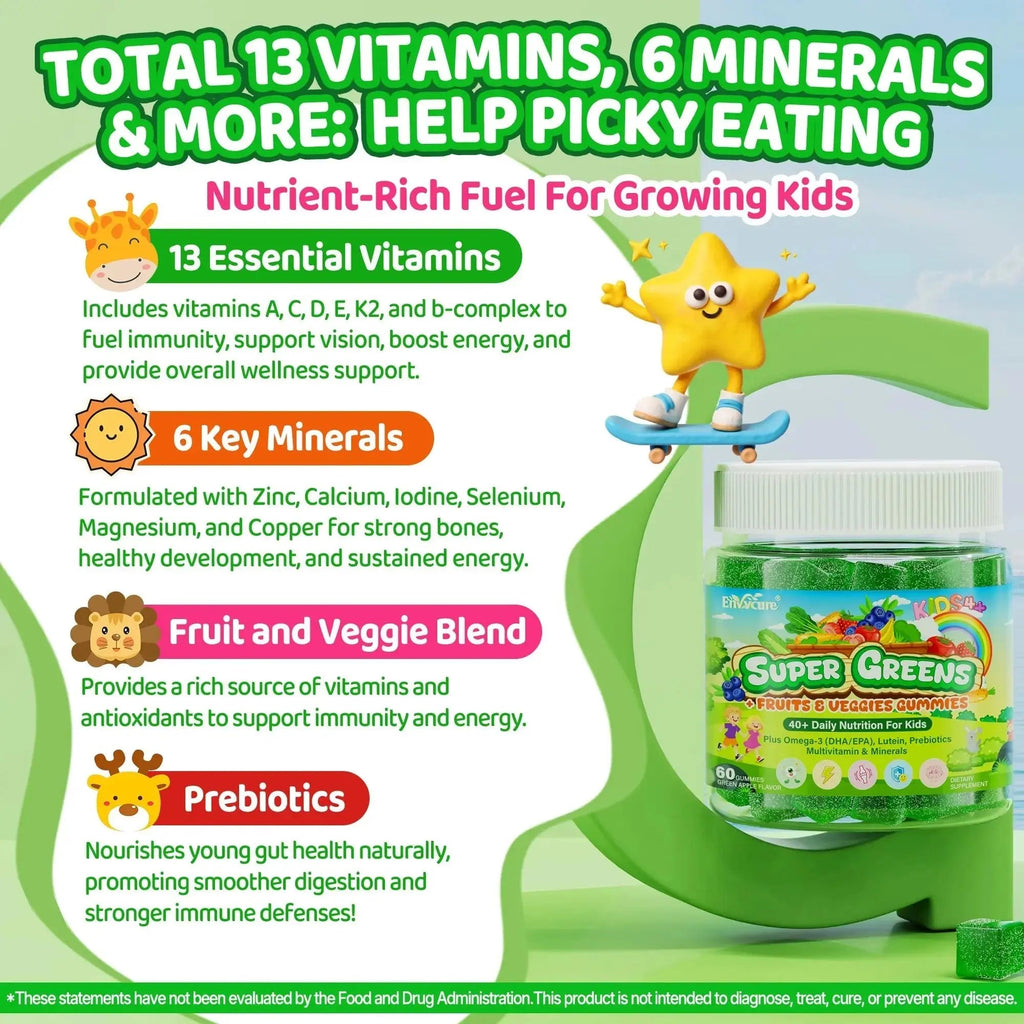 Kids Super Greens Gummies, w/Multivitamins, Spirulina, Chlorella, Spinach, Broccoli, Calcium, Omega-3 (DHA/EPA) EnvyCure Au supplements