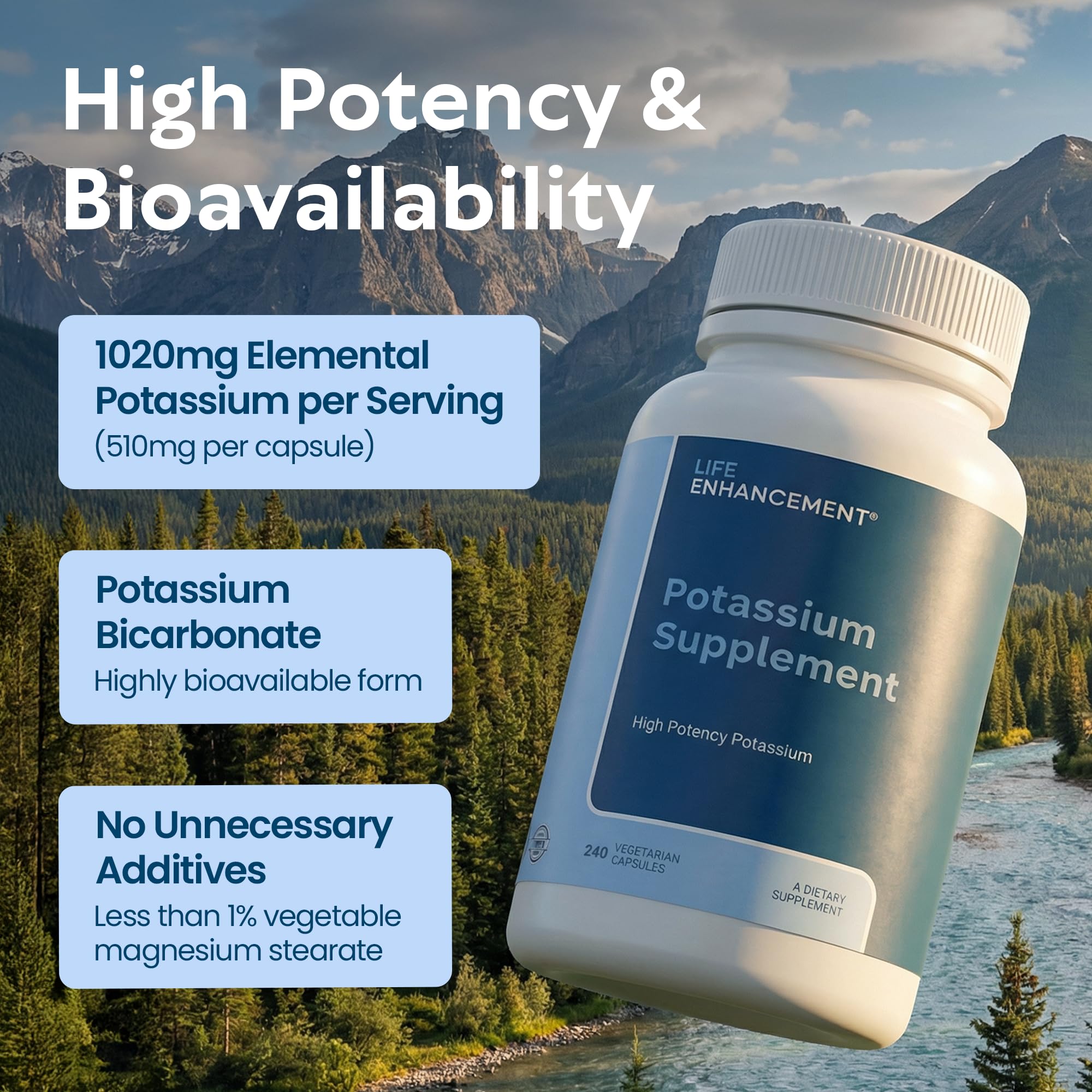 Life Enhancement High Potency 1020 mg Potassium Supplement for Muscle, Brain & Bone Health - No Additives High Absorption Elemental Potassium Supplement