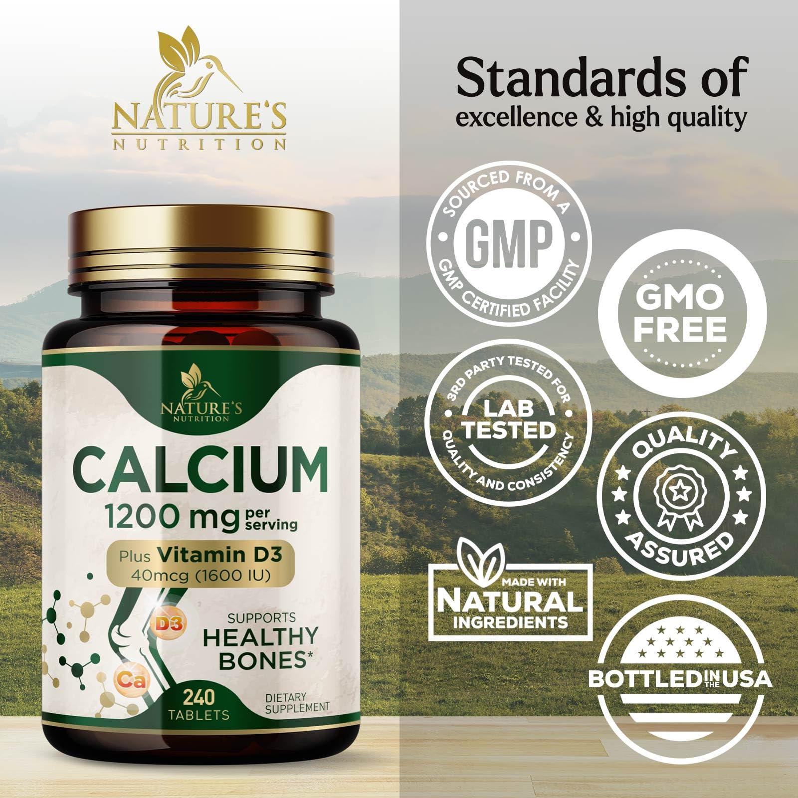 Calcium 1200 mg with Vitamin D3 - Per Serving - Bone Health Supplement - Vitamin D & Calcium Supplements for Women & Men - Bone Strength Support