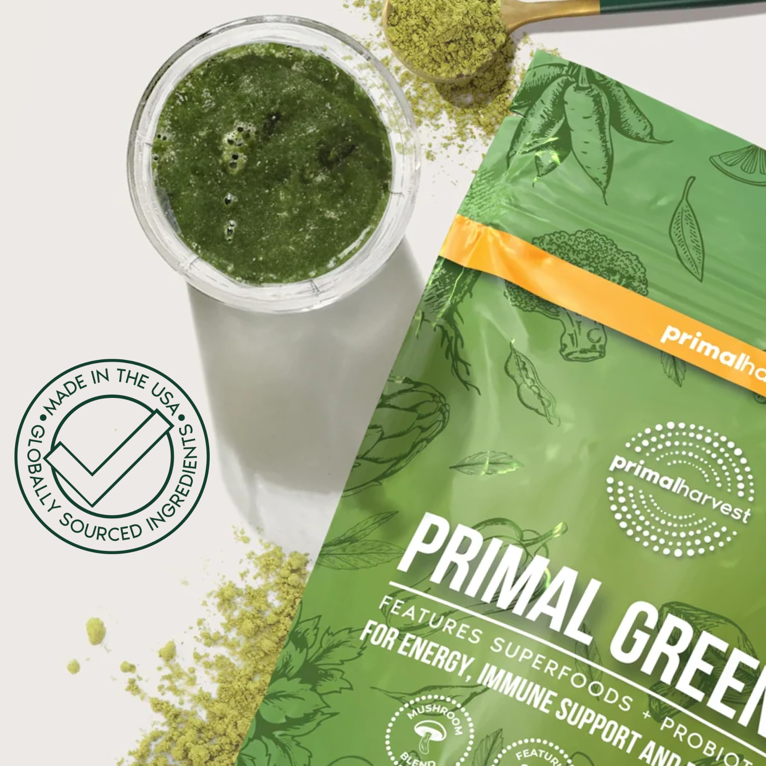 Primal Harvest Super Greens Powder, 30 Servings w/+50 Greens Superfood Chlorella, Probiotics, Green Tea, Wheatgrass,