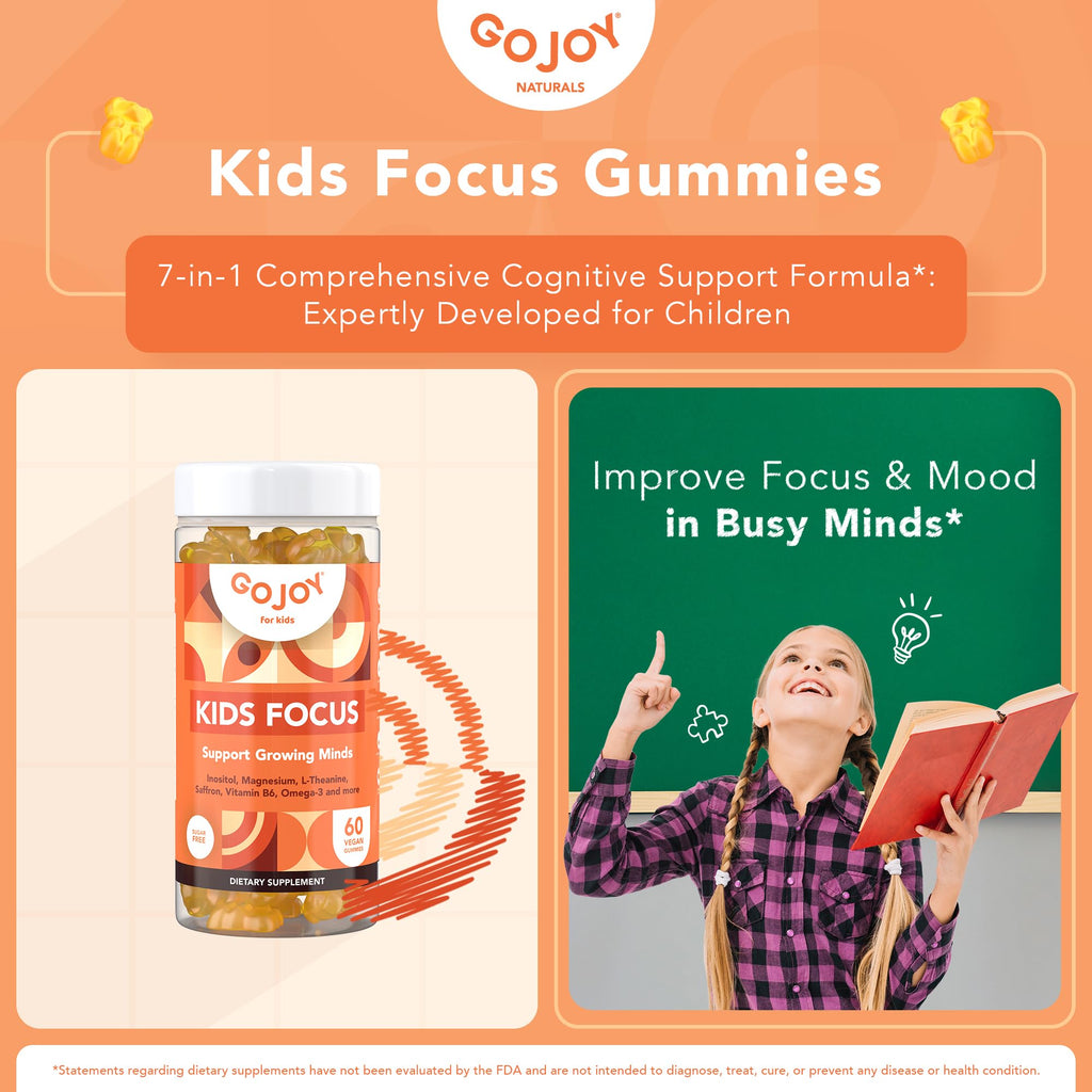 GOJOY NATURALS Kids Focus Gummies – Saffron, Magnesium Glycinate, L-Theanine & Inositol Supplement for Kids & Teens – Focus