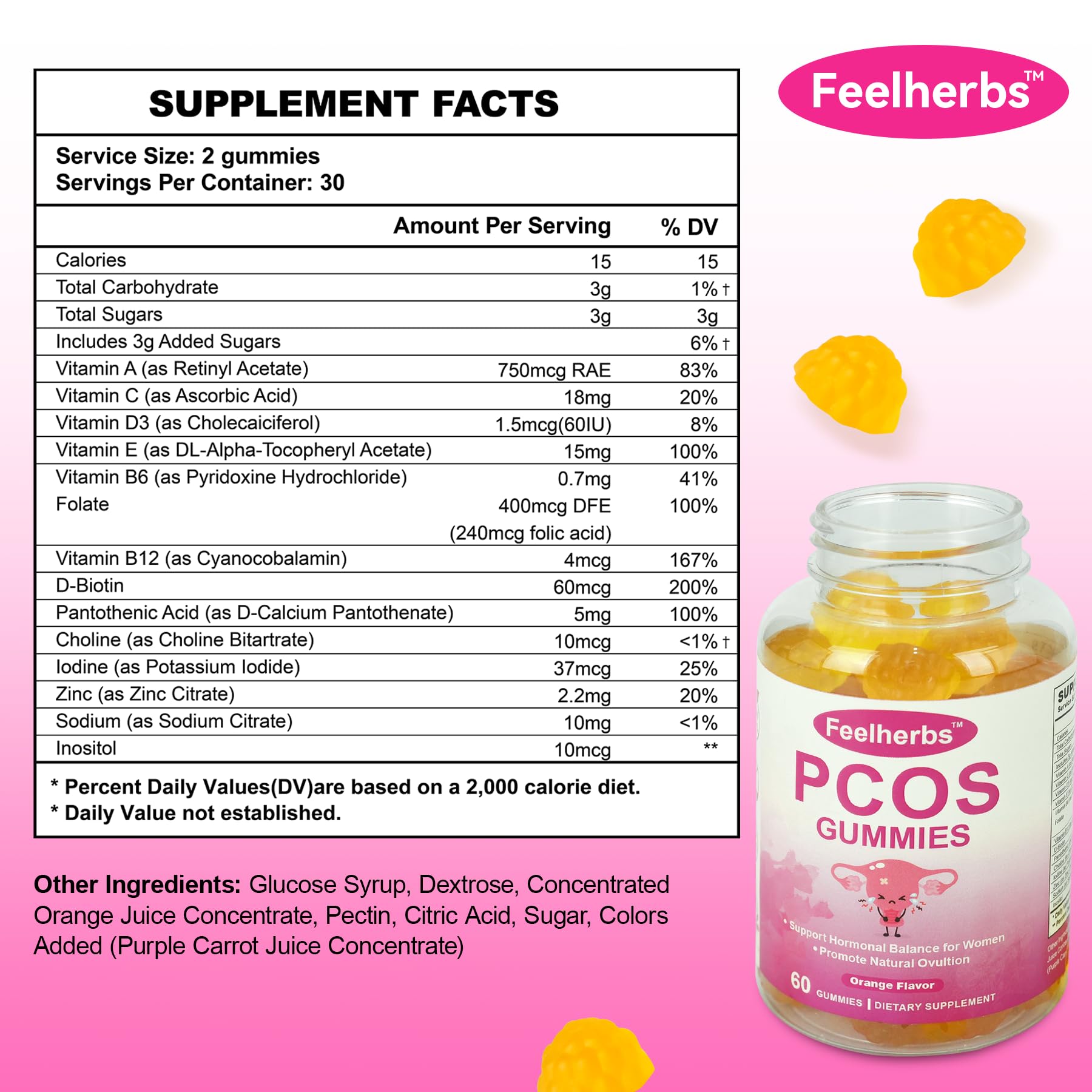 PCOS Gummies for Women Menstrual Cycle & Hormonal Balance, 60 Count Ovarian Support Gummies with Myo-Inositol, Folate and Vitamins, Orange Flavor PCOS Vitamins Gummies Helps Fertility and Ovulation Feelherbs Au supplements