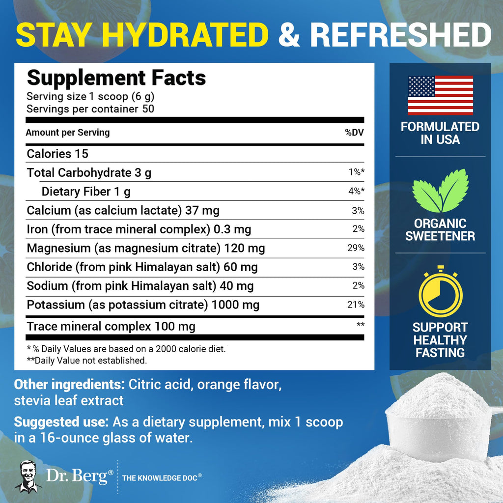 Dr. Berg Zero Sugar Hydration Keto Electrolyte Powder - Enhanced w/ 1000 mg of Potassium & Real Pink Himalayan Salt (NOT Table Salt) - Orange Flavor Hydration Drink Mix Supplement - 50 Servings