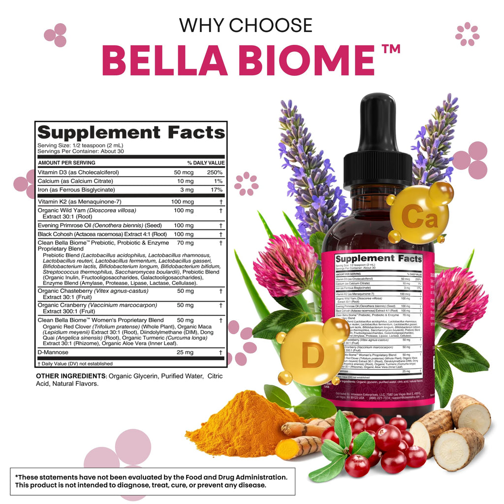 Liquid Probiotics for Women Drops with Chasteberry, Black Cohosh, Prebiotics, Digestive Enzymes, Evening Primrose Oil, Wild Yam, Cranberry Dmannose and Iron Vitamin D3 K2 Clean Nutra Bella Biotics Clean Nutraceuticals Au supplements