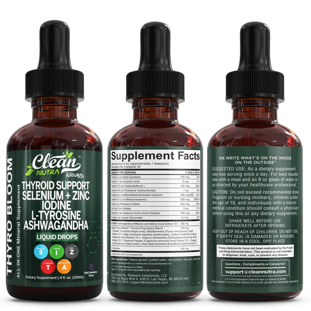 ThyroBloom Thyroid Support for Women Liquid Drops Iodine L-Tyrosine Selenium Copper Ashwagandha Zinc Kelp Bladderwrack Schisandra Guggul Turmeric Vitamin A D3 B12
