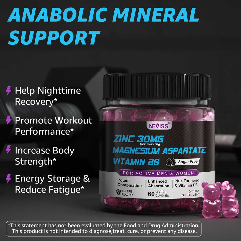 Zinc and Magnesium Supplement, Zinc Magnesium Aspartate Post Workout Gummies for Men Women, with Vitamin B6, B12, D3, Turmeric for Nighttime Recovery, Reduce Fatigue