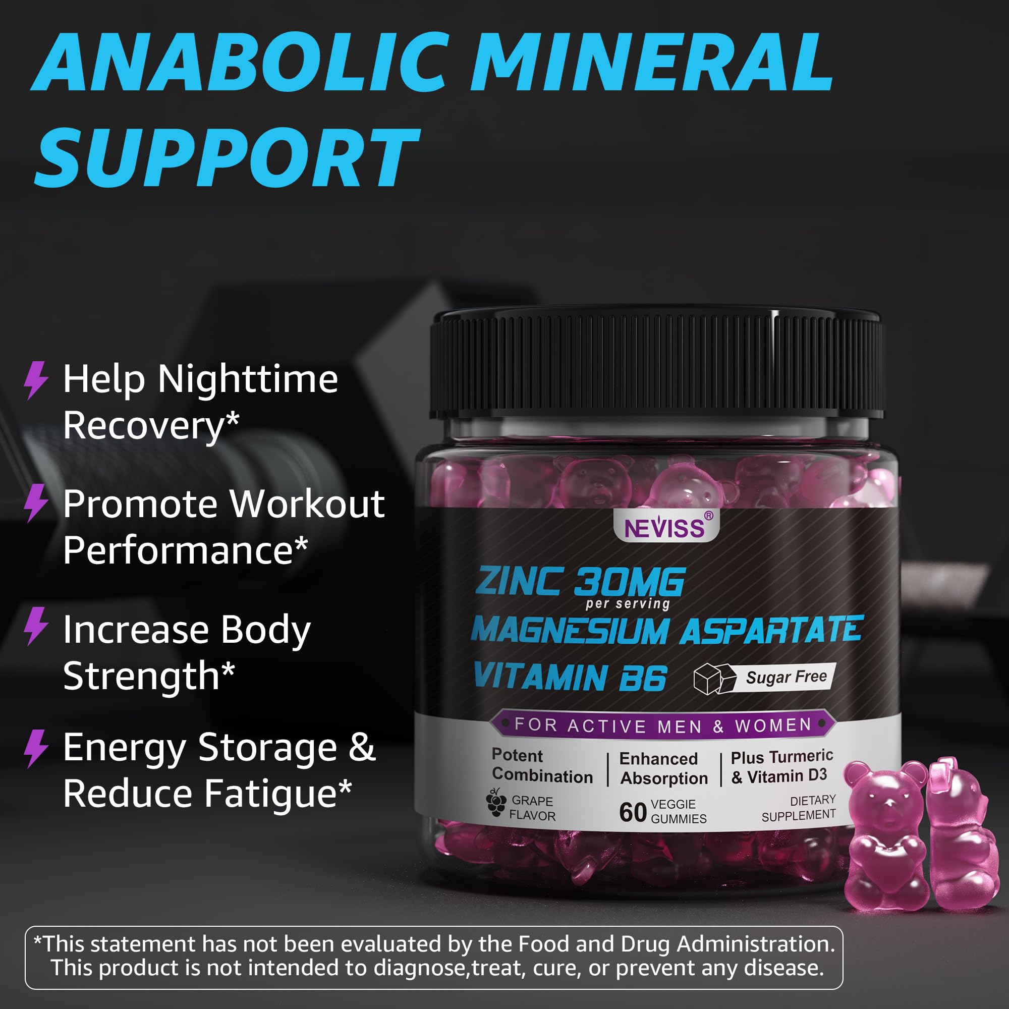 Zinc and Magnesium Supplement, Zinc Magnesium Aspartate Post Workout Gummies for Men Women, with Vitamin B6, B12, D3, Turmeric for Nighttime Recovery, Reduce Fatigue