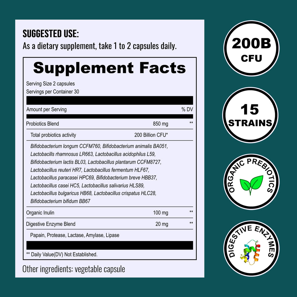 UpNourish Probiotics - 200 Billion CFUs for Men and Women, 15 Clinically Studied Strains, Prebiotics & Enzymes - 60 Vegan Capsules