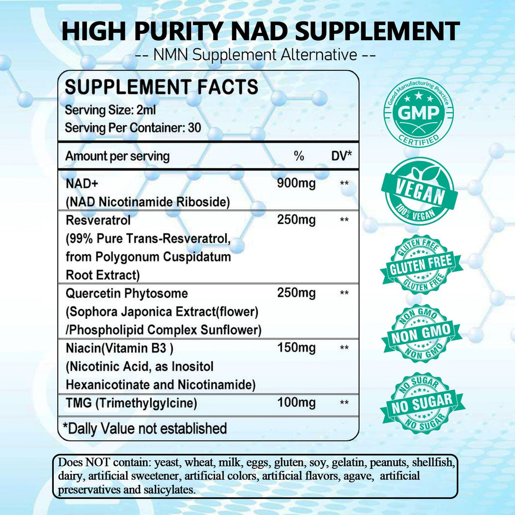 NAD Supplement, Liposomal NAD Nicotinamide Riboside Resveratrol 900mg Quercetion, TMG, Vitamin B3, High Potency NAD Plus Liquid Supplement for Cell Regenerator, Longevity, Energy, Anti-Aging, Focus AMENQ hHEALTH Au supplements