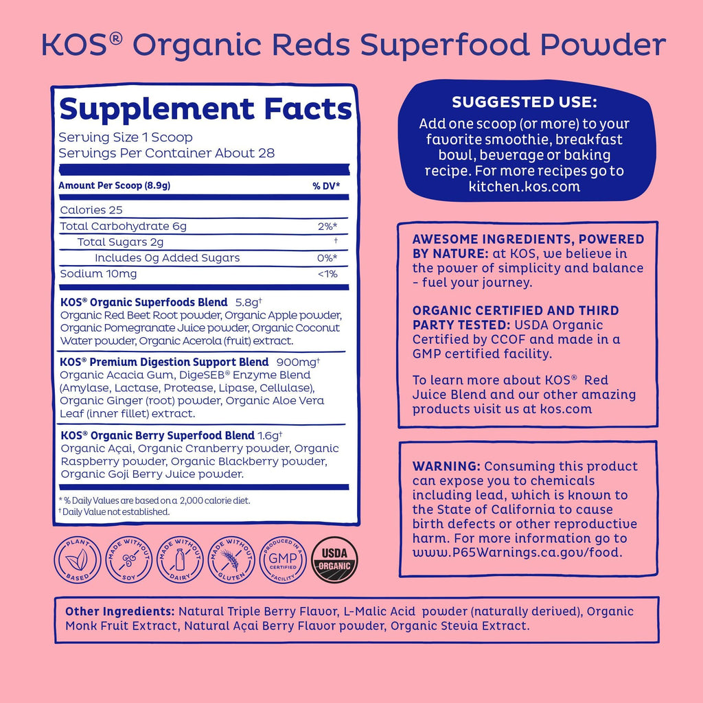 KOS Reds Superfood Powder for Antioxidants - USDA Certified Organic Beet Root, Goji Berries, Acai, Pomegranate, Coconut Water & Digestion Enzymes- Goji Berry Popsicle Flavor