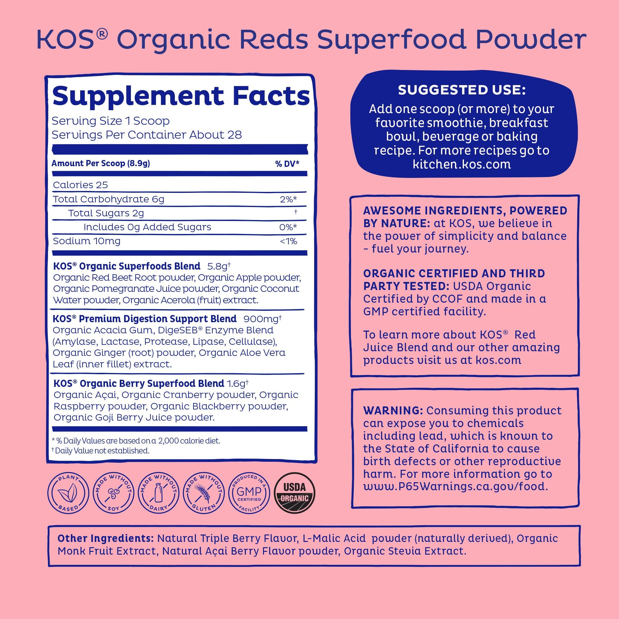 KOS Reds Superfood Powder for Antioxidants - USDA Certified Organic Beet Root, Goji Berries, Acai, Pomegranate, Coconut Water & Digestion Enzymes- Goji Berry Popsicle Flavor