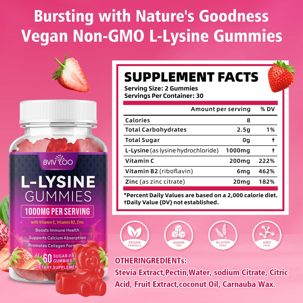 BVIVLOO L-Lysine 1000mg Gummies for Immune Support & Skin Health - High Potency Vegan Gummies, Sugar-Free, Natural Berry Flavor, Gluten-Free Chewable Supplement