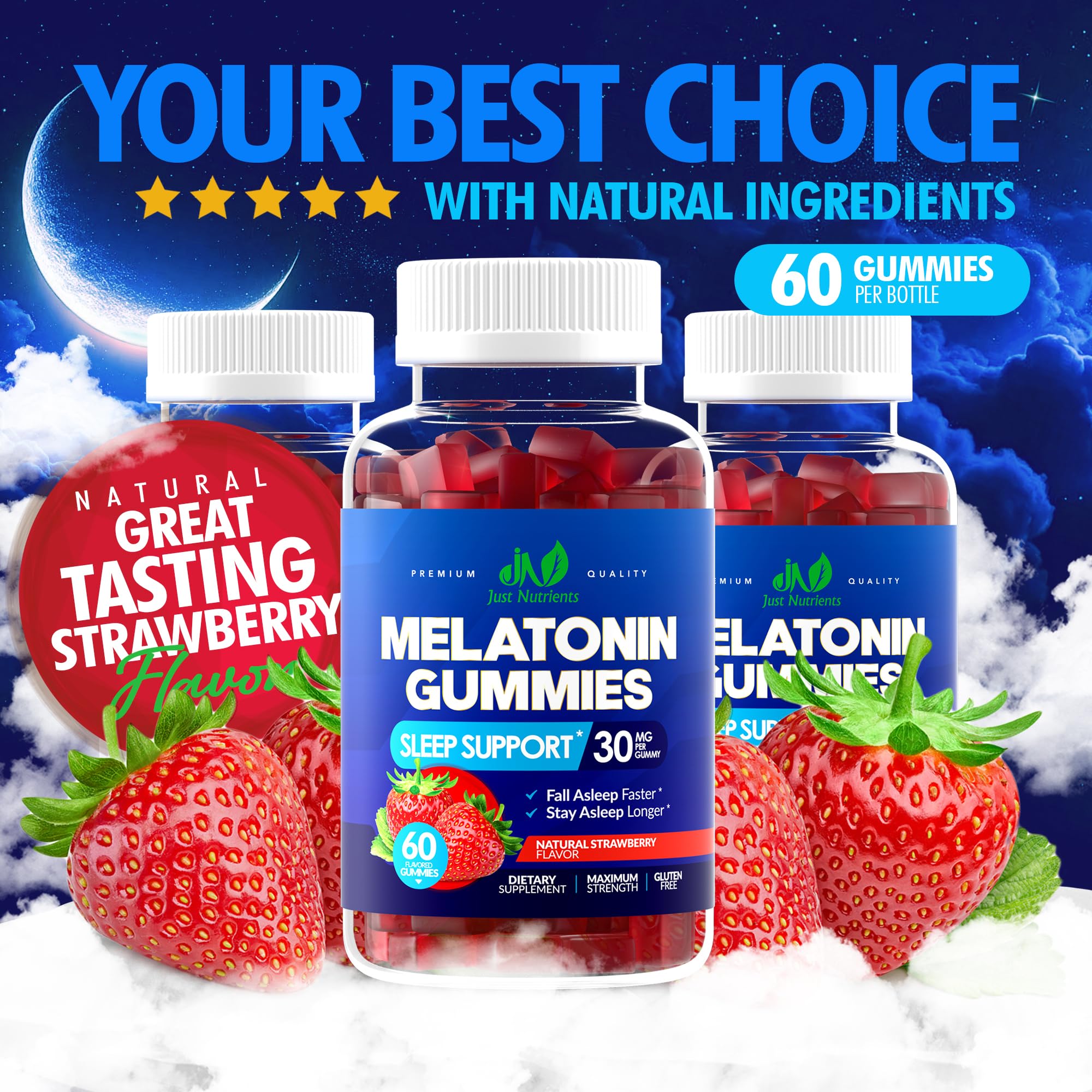 Melatonin 30mg Gummies for Adults (60 Servings) - Maximum Strength Sleep Support with 30mg of Melatonin Per Gummy - Gluten-Free, Sugar-Free, Non-GMO, 100% Vegetarian,