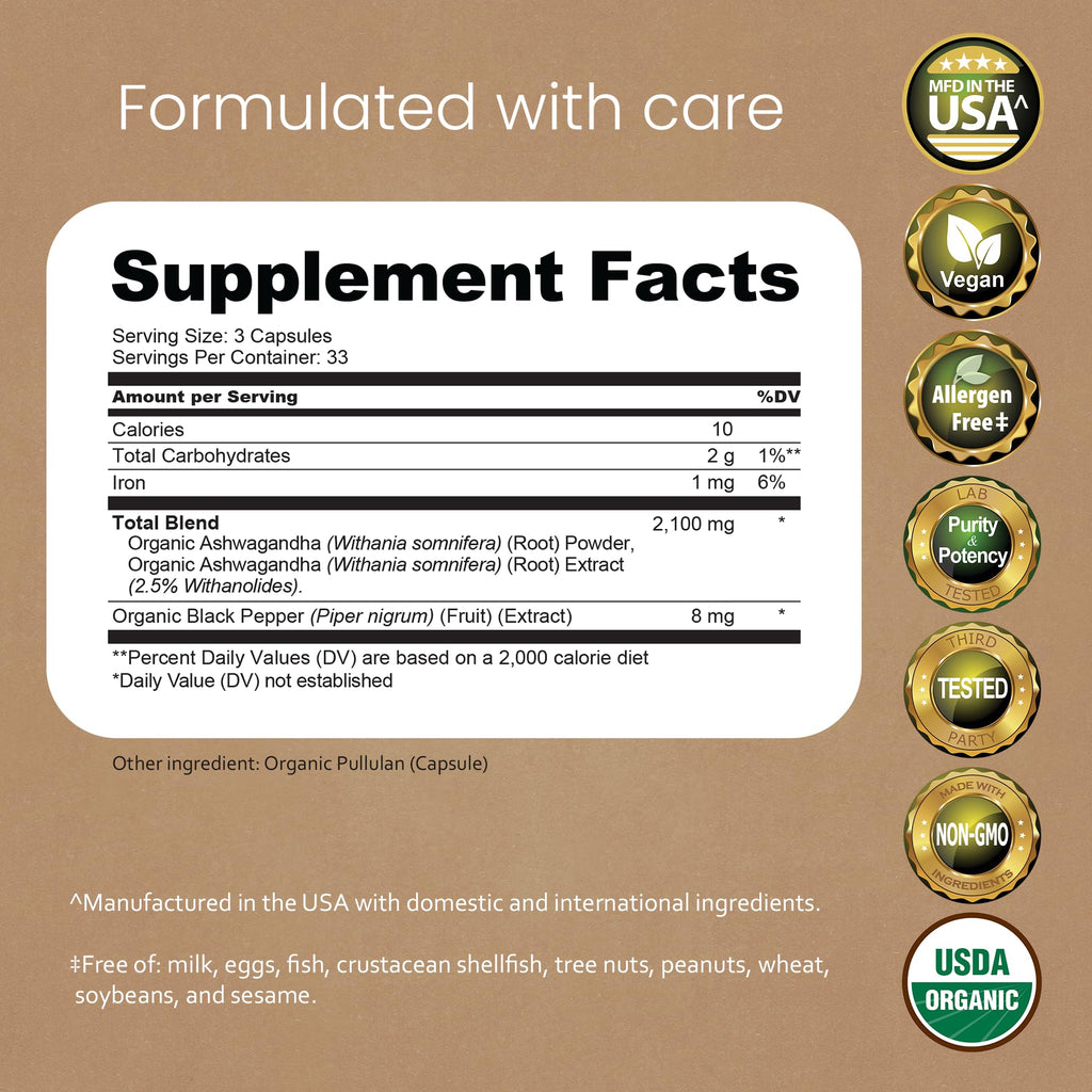 NaturaLife Labs Organic Ashwagandha 2100 mg per Serving – Herbal Supplement Root Powder & Extract – 100 Capsules – Vegan, Non-GMO, Gluten-Free