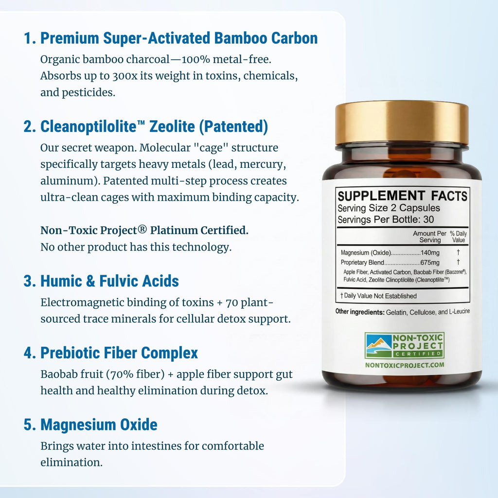 Gut Detox & Liver Cleanse - Organic Activated Charcoal Capsules with Clinoptilolite Zeolite Binder - TrueCarbonCleanse™ Carbon Supplement - 60 Bamboo Charcoal Pills