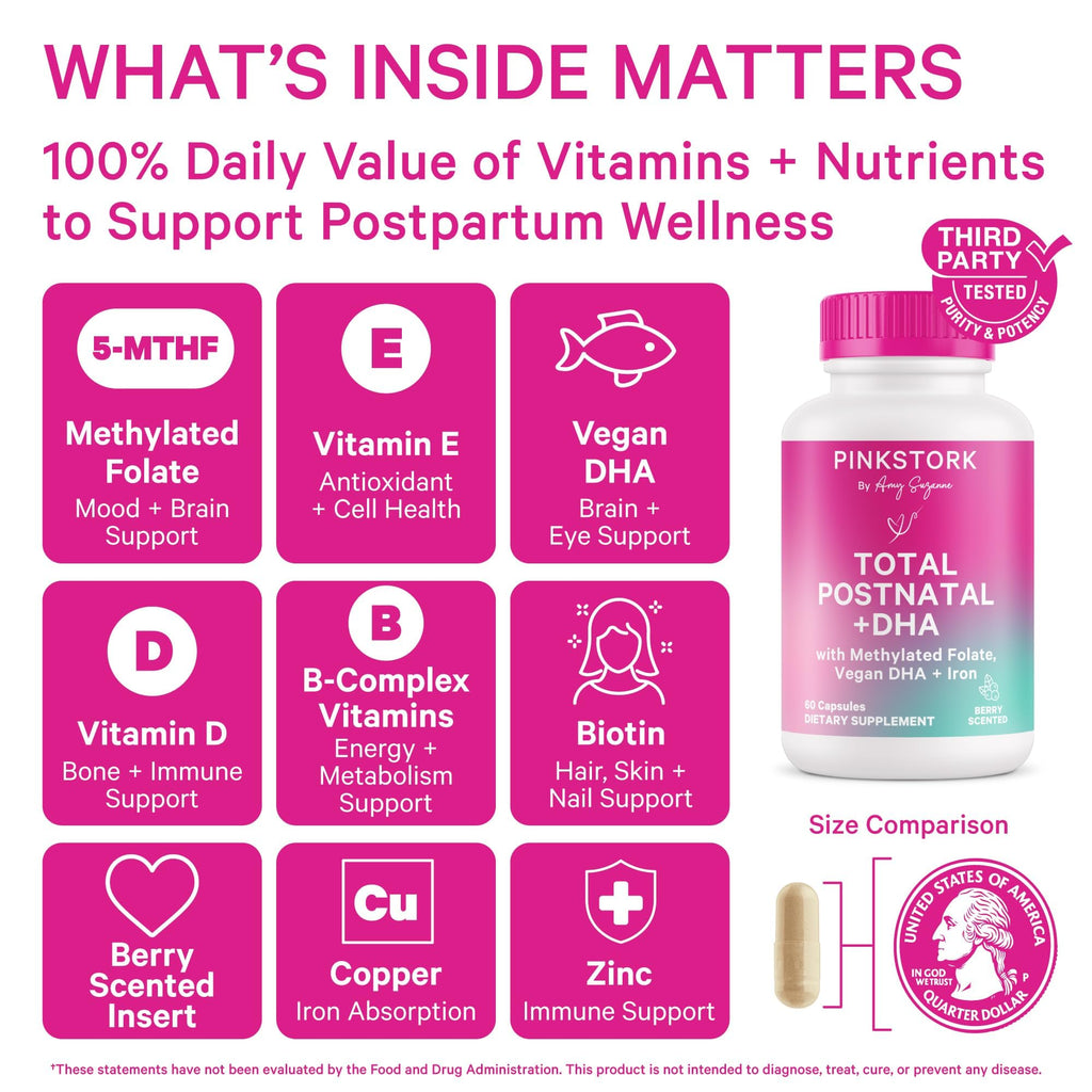 Pink Stork Total Postnatal Vitamins for Women | Vegan DHA, Iron, Folate, B12 | Postpartum Recovery Essentials | Lactation Support for Breastfeeding Moms