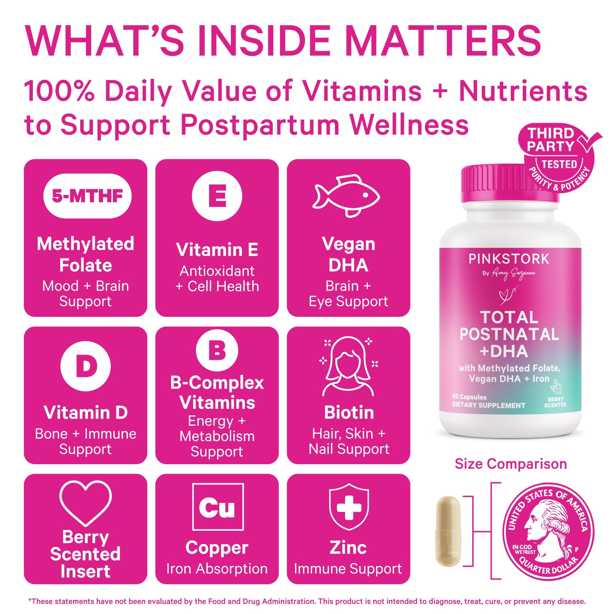 Pink Stork Total Postnatal Vitamins for Women | Vegan DHA, Iron, Folate, B12 | Postpartum Recovery Essentials | Lactation Support for Breastfeeding Moms
