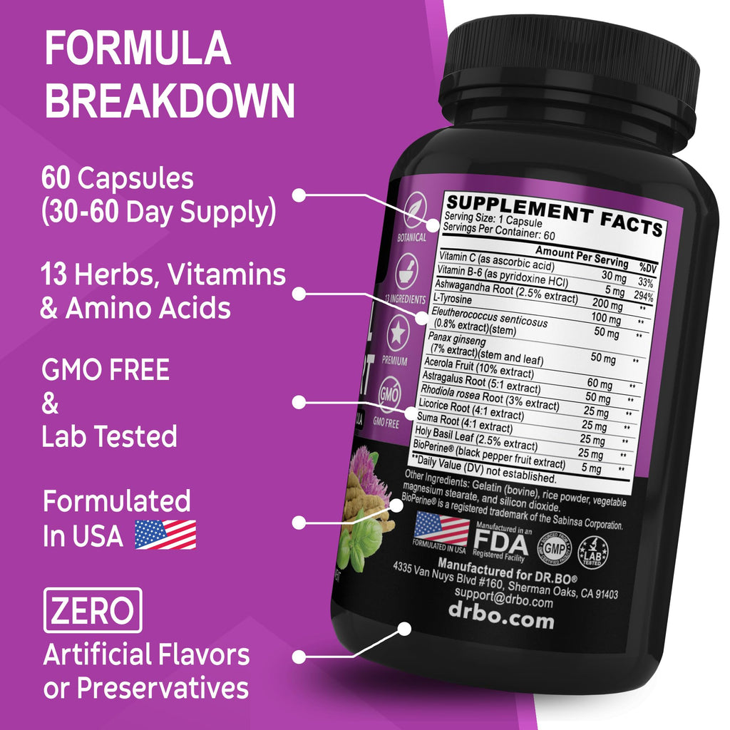 Adrenal Support Cortisol Manager Supplement - Adrenal Fatigue Supplements for Women & Men with Natural Adaptogen Ashwagandha Holy Basil Rhodiola L Tyrosine Complex Fatigue Cortisol Health - 60 Pills DR. BO Au supplements