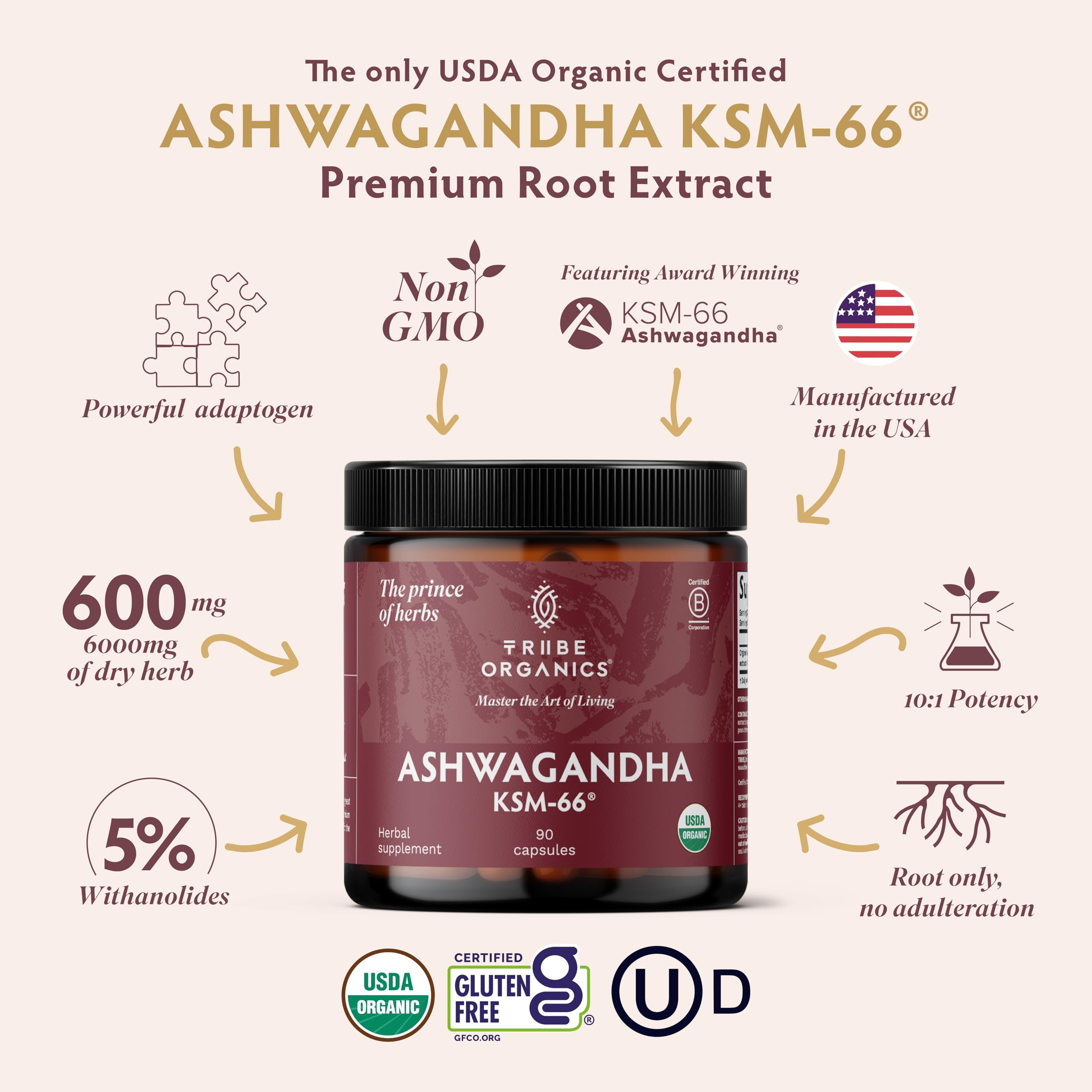 TRIBE ORGANICS Ashwagandha KSM 66 Pure Organic Root Powder Extract Ayurvedic Supplement - Focus Mood Support Increase Energy Strength 600mg of Natural KSM66 for Superior Absorption - 90 Capsules TRIBE ORGANICS Au supplements