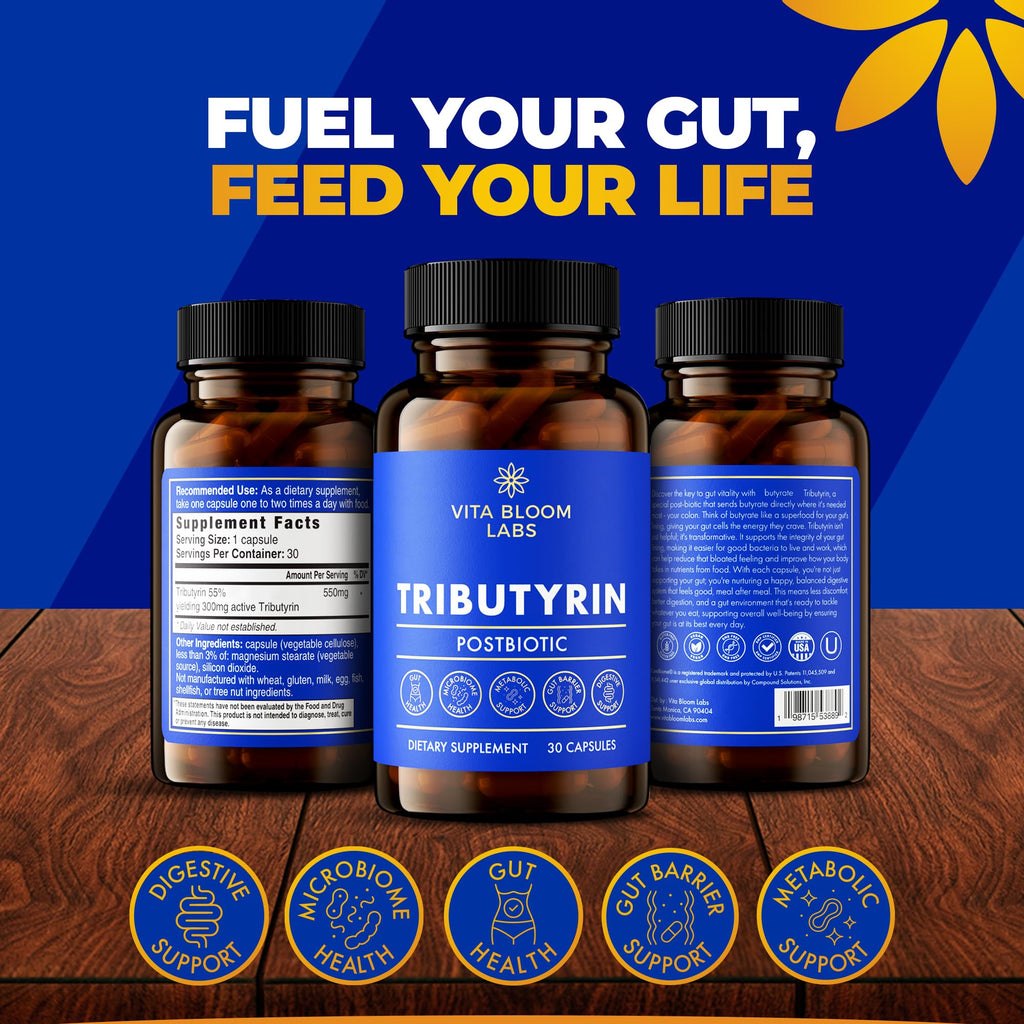 Tributyrin Supplement - Better Delivery & More Effective than Sodium Butyrate - Gut Health & Digestive Support - 3-in-1 Butyrate Postbiotics for Leaky Gut & Gut Barrier Support - 30 Capsules Vita Bloom Labs Au supplements