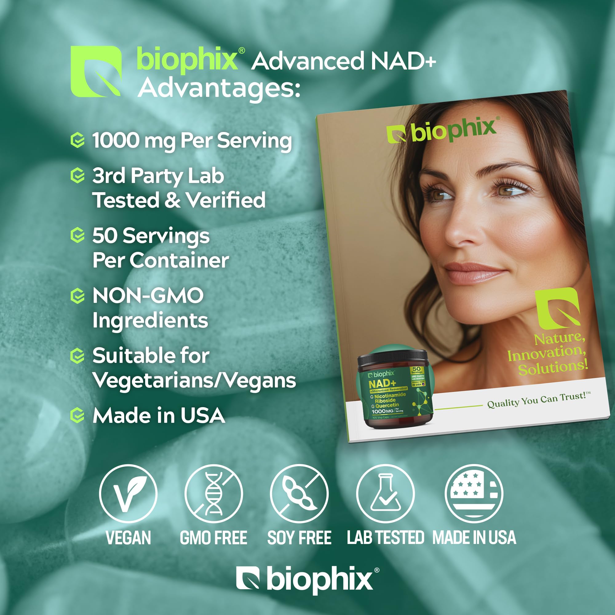 biophix NAD+ Liposomal Supplement for Women & Men - 1000 mg per Serving - Nicotinamide Riboside, Micronized Resveratrol & Quercetin Complex - 100 Veg Capsules - Non-GMO, Gluten-Free, cGMP Certified biophix Au supplements