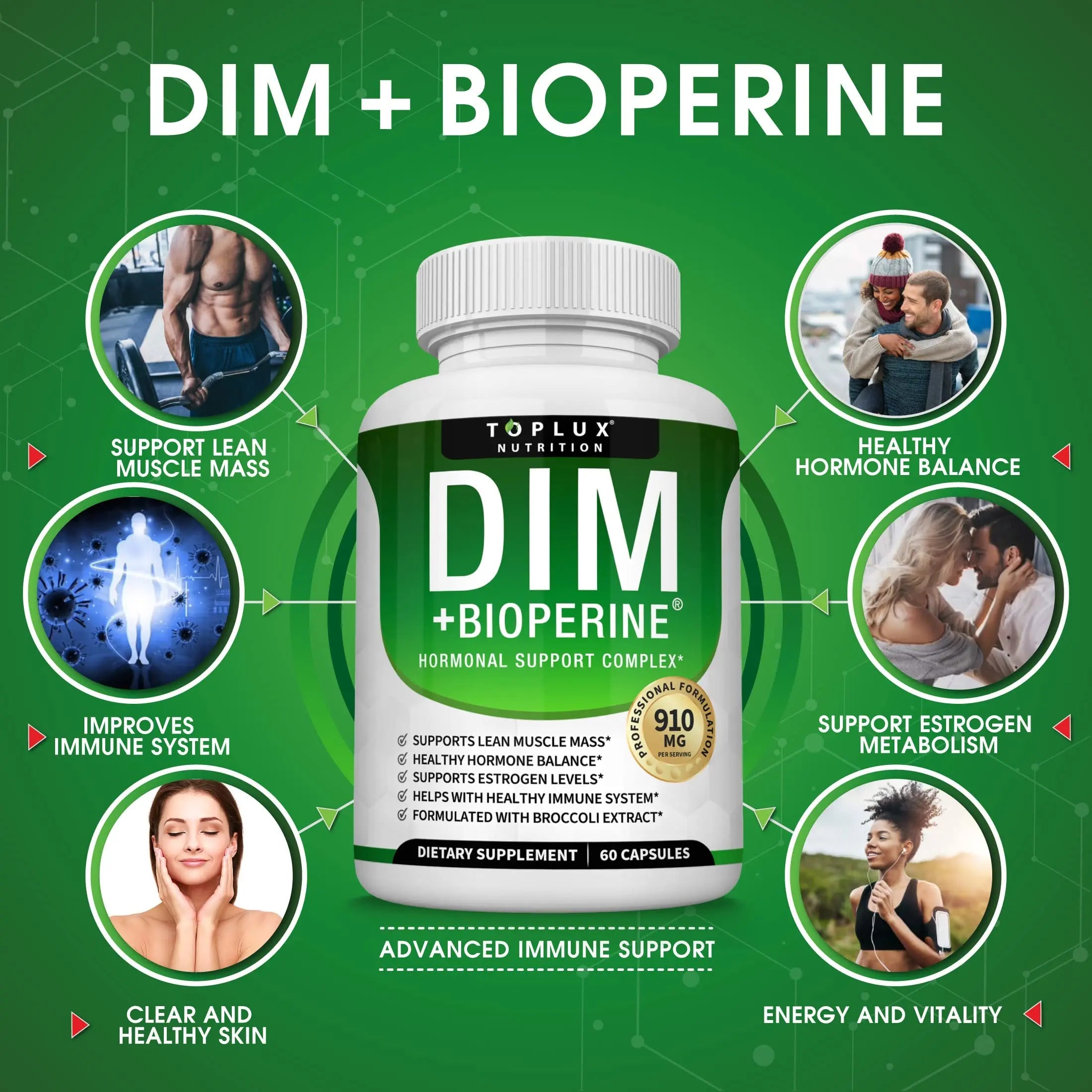 Dim Supplement 910 mg Plus BioPerine Complex - Diindolylmethane to Support Hormone Balance Toplux Au supplements